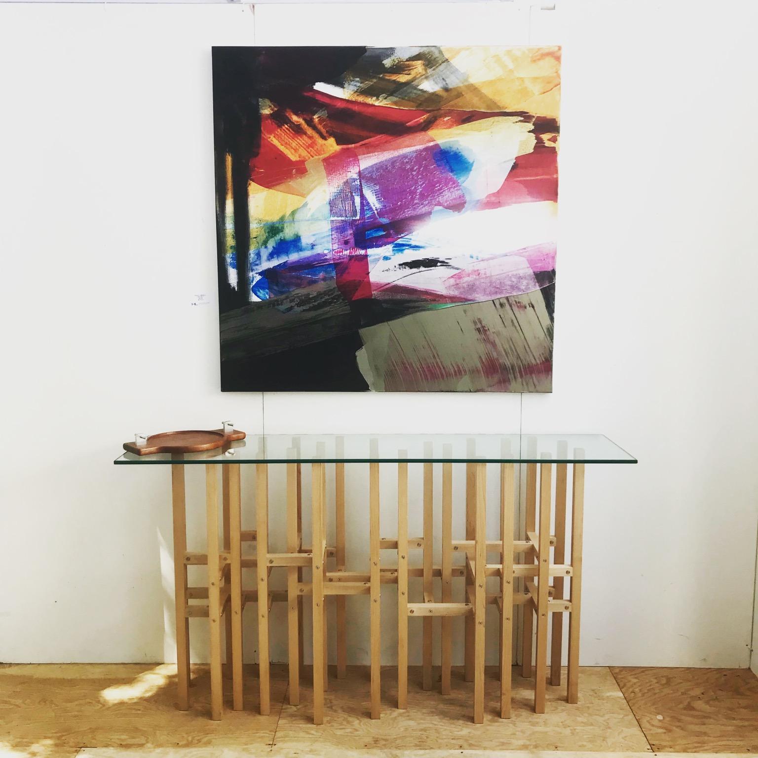 American Handmade Modern Hall Table by Peter Harrison, Glass Top Metal & Maple Wood For Sale