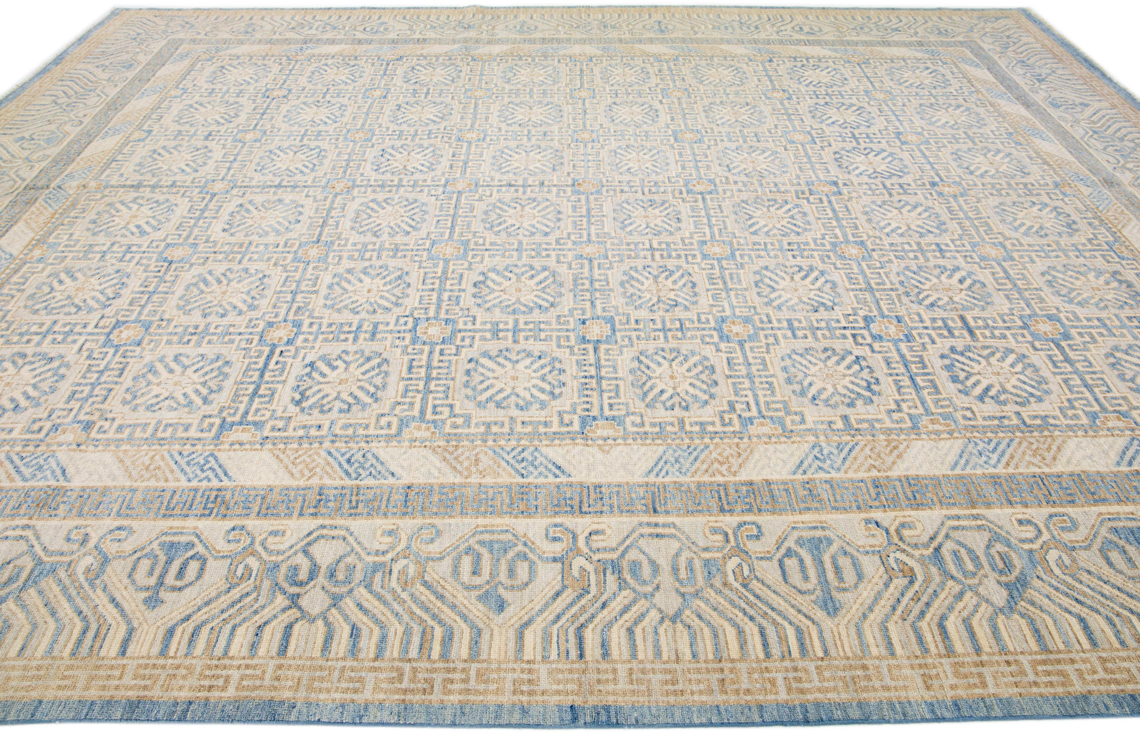 Hand-Knotted Handmade Modern Khotan Style Wool Rug with Allover Geometric Motif in Beige For Sale