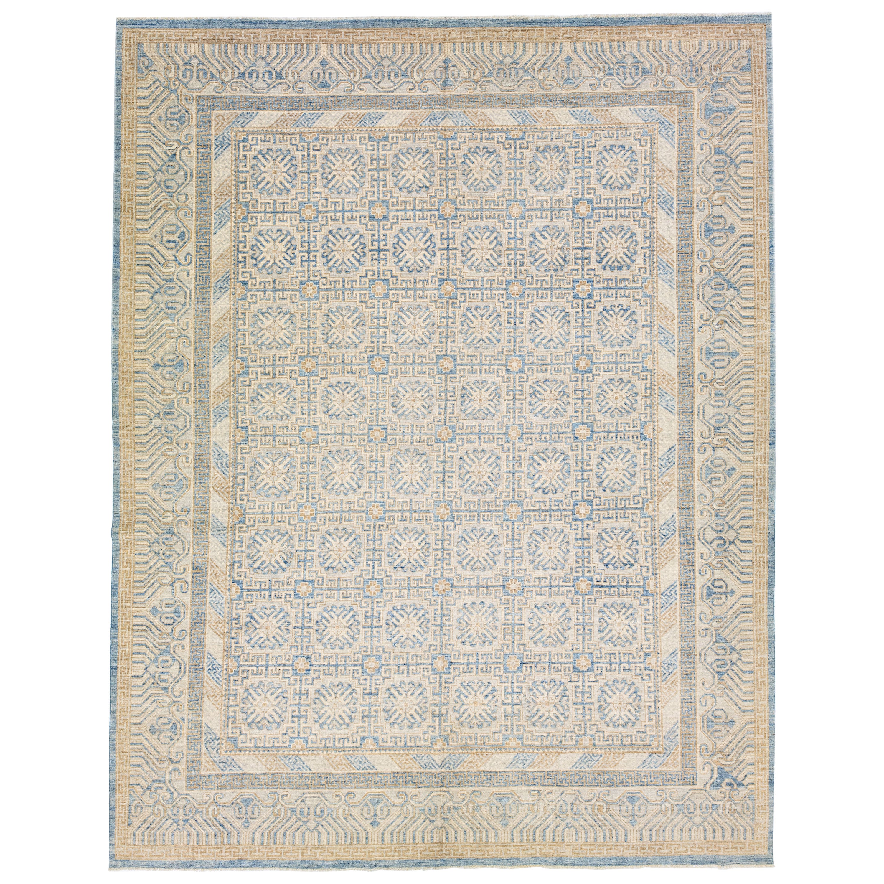 Tapis moderne en laine de style Khotan fait à la main avec motif géométrique sur toute sa surface en beige