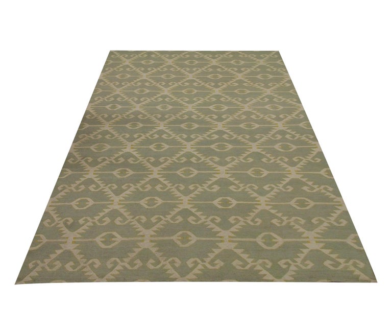 Modern Kilim Flat Green Geometric Carpet Wool Area Rug-203x290cm For Sale  at 1stDibs