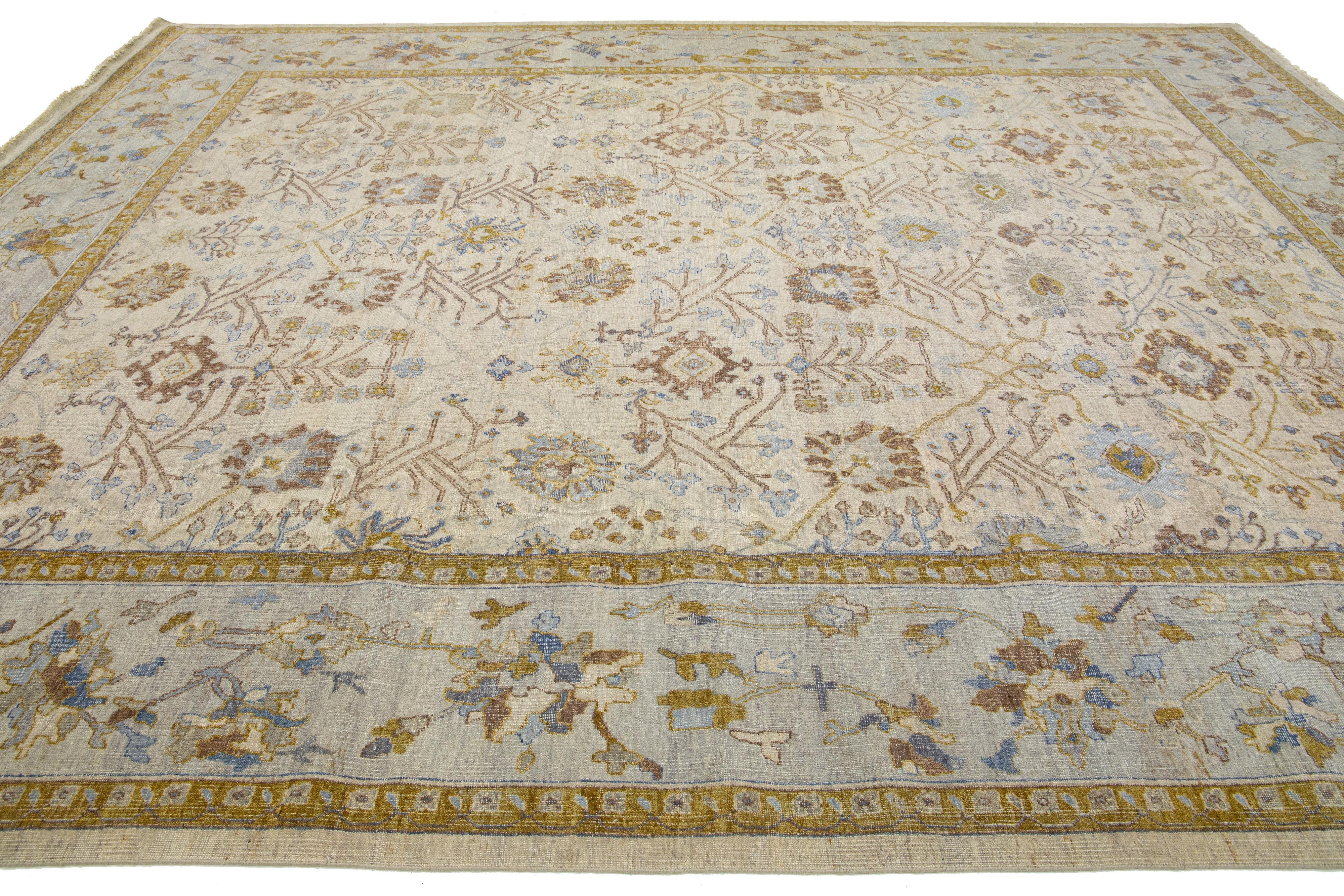 Handmade Modern Mahal Indian Beige Wool Rug with Allover Design by Apadana In New Condition For Sale In Norwalk, CT
