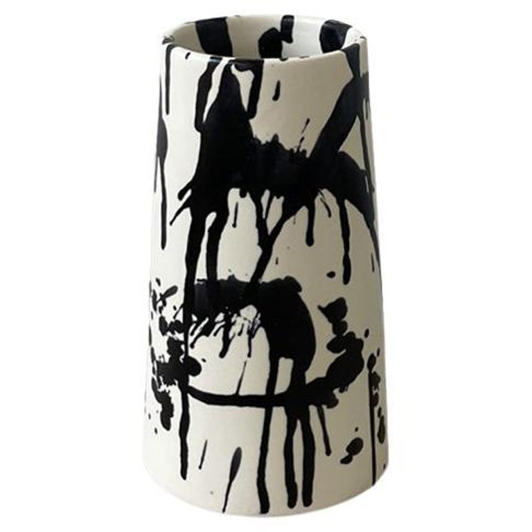 Handmade Modern Matte Black and White Splattered Tall Pottery Rock Vase