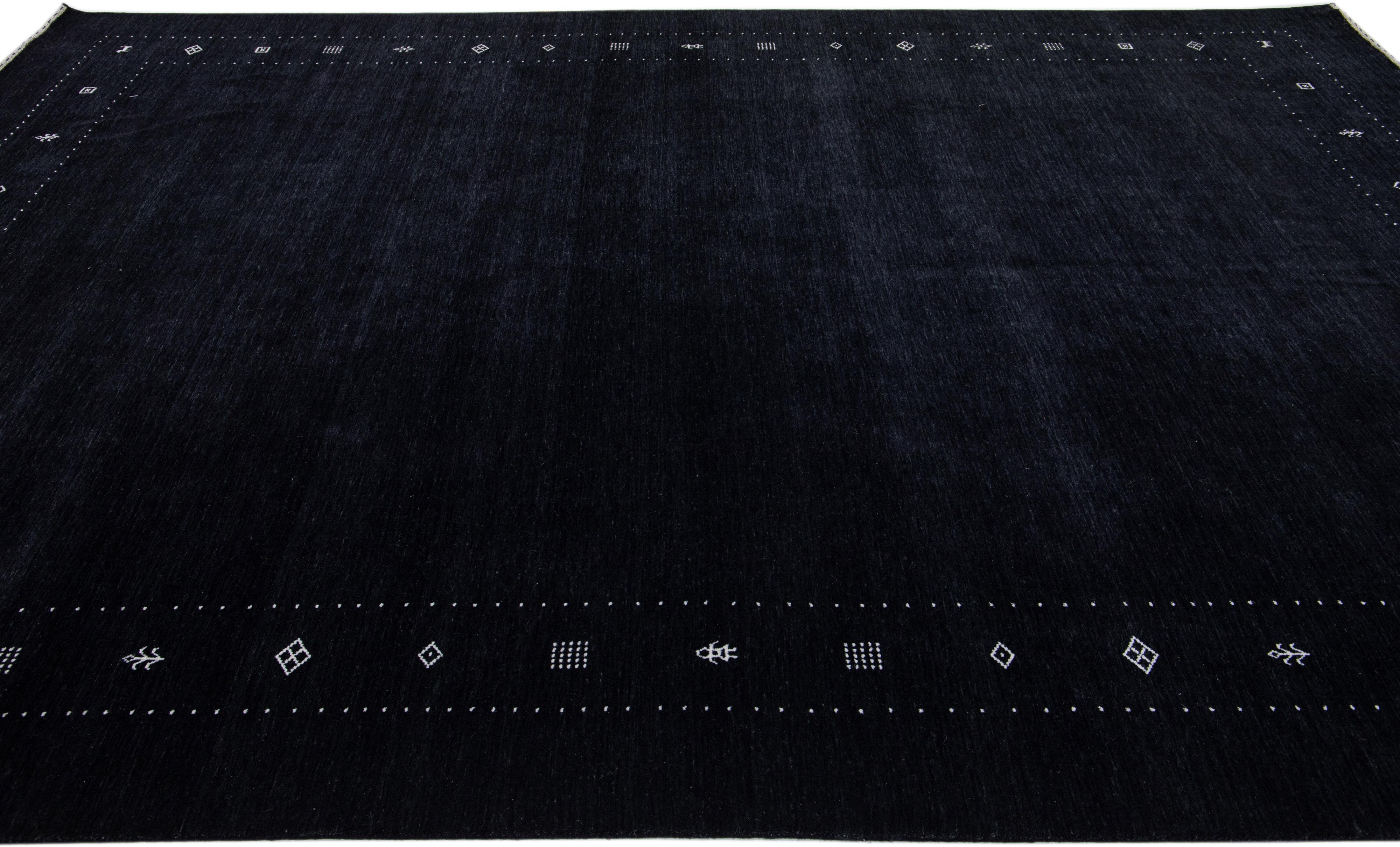Indian Handmade Modern Minimalist Gabbeh Style Wool Rug with Black Color Field For Sale