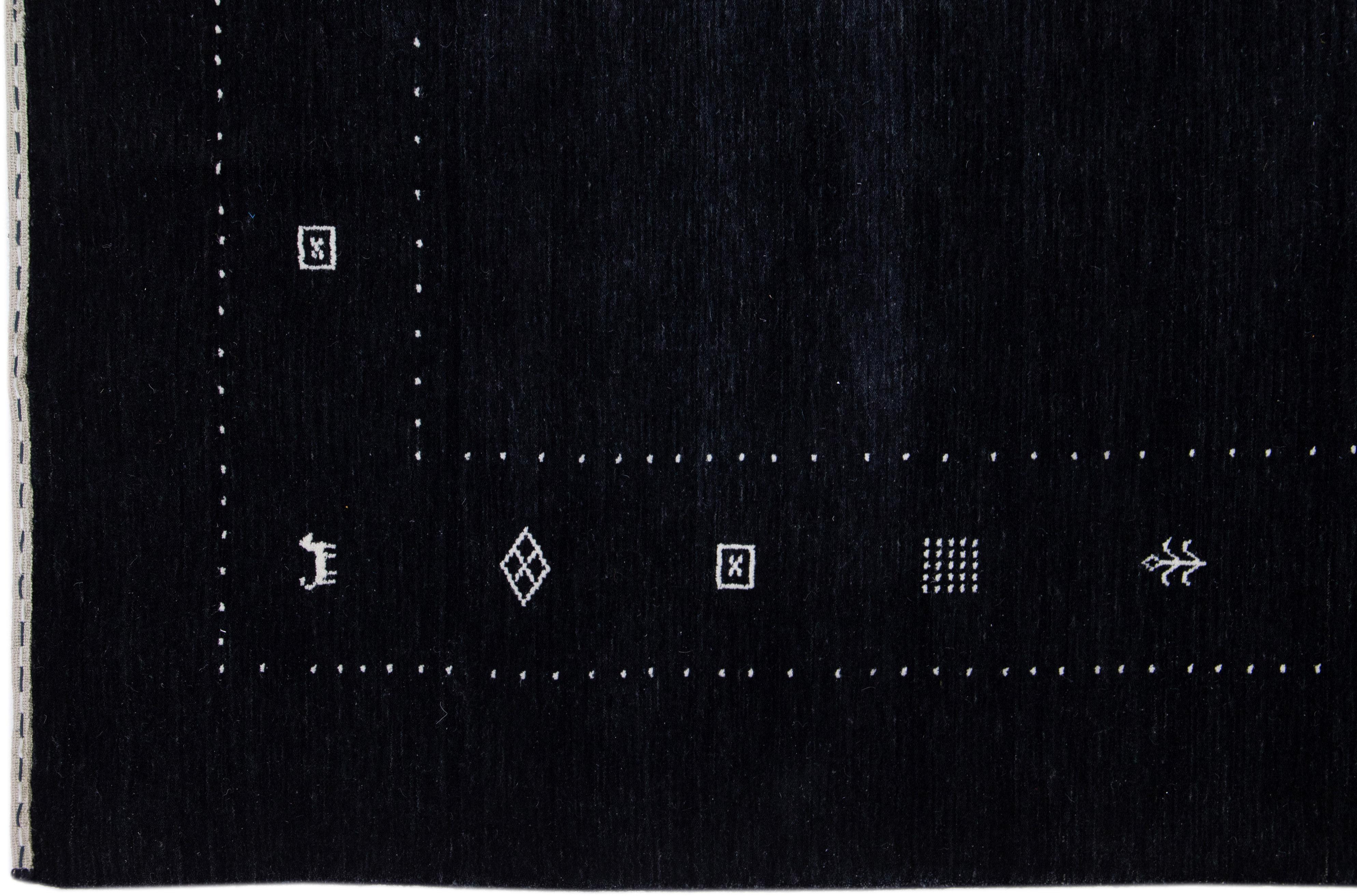 Hand-Woven Handmade Modern Minimalist Gabbeh Style Wool Rug with Black Color Field For Sale
