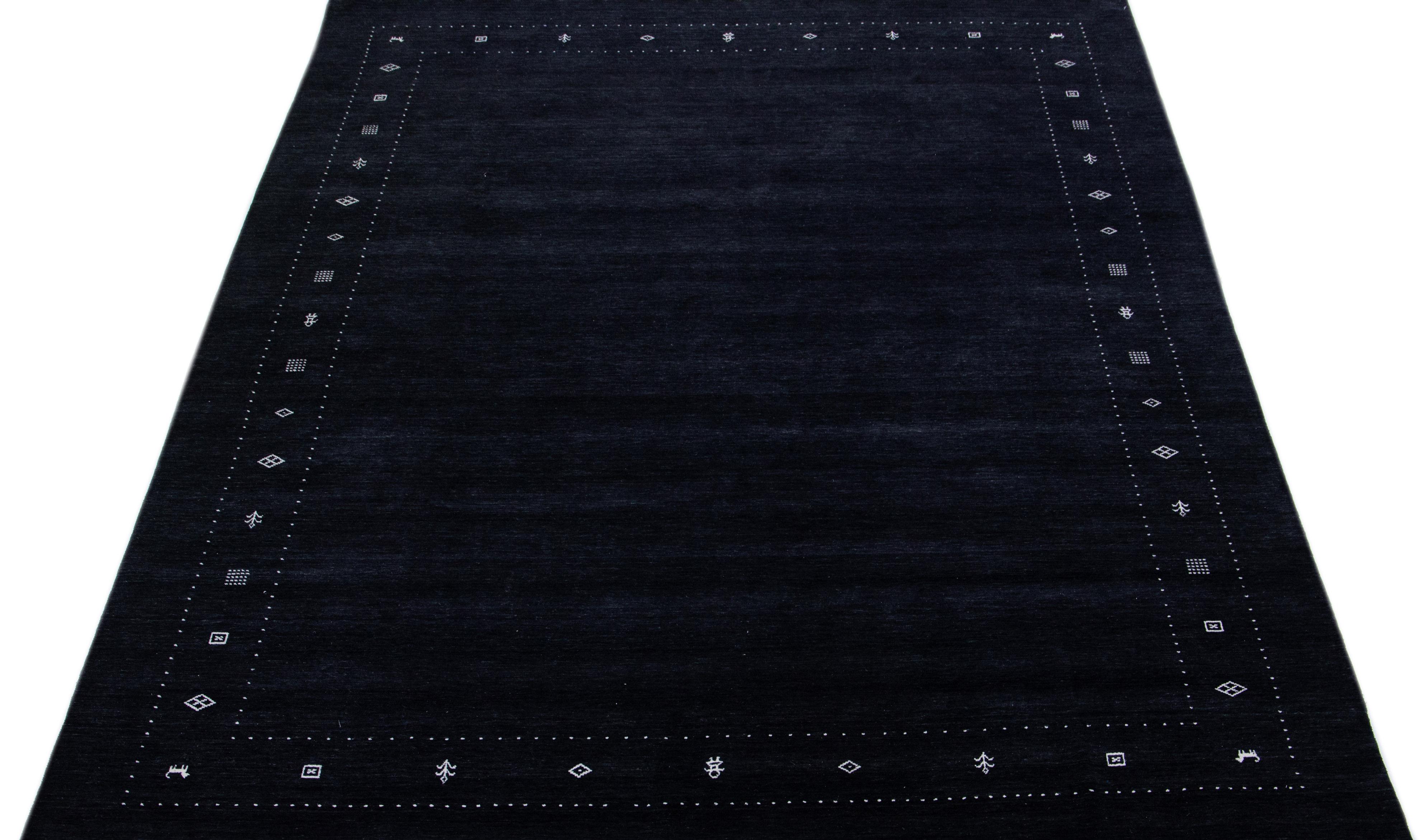 Handmade Modern Minimalist Gabbeh Style Wool Rug with Black Color Field In New Condition For Sale In Norwalk, CT