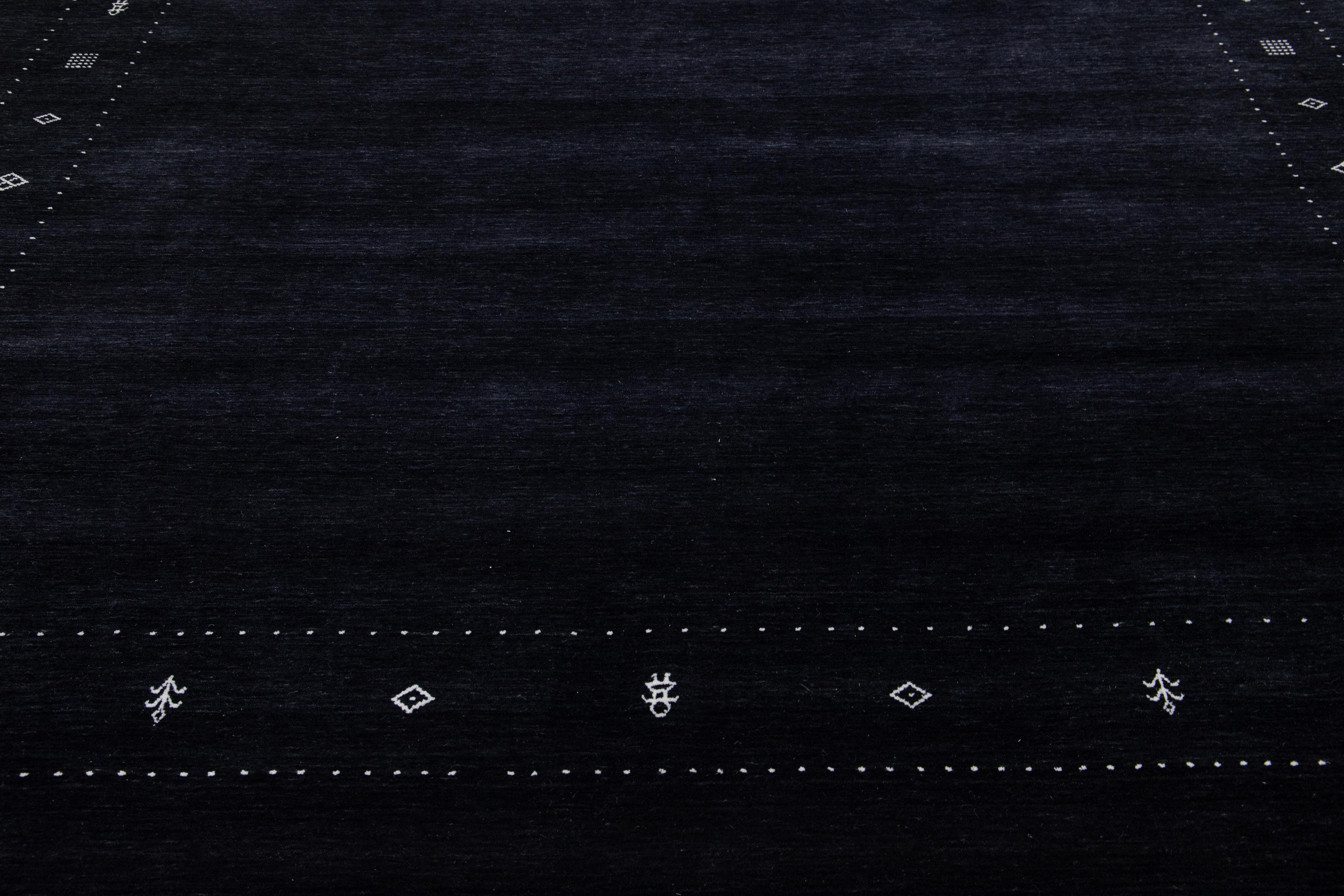 Contemporary Handmade Modern Minimalist Gabbeh Style Wool Rug with Black Color Field For Sale