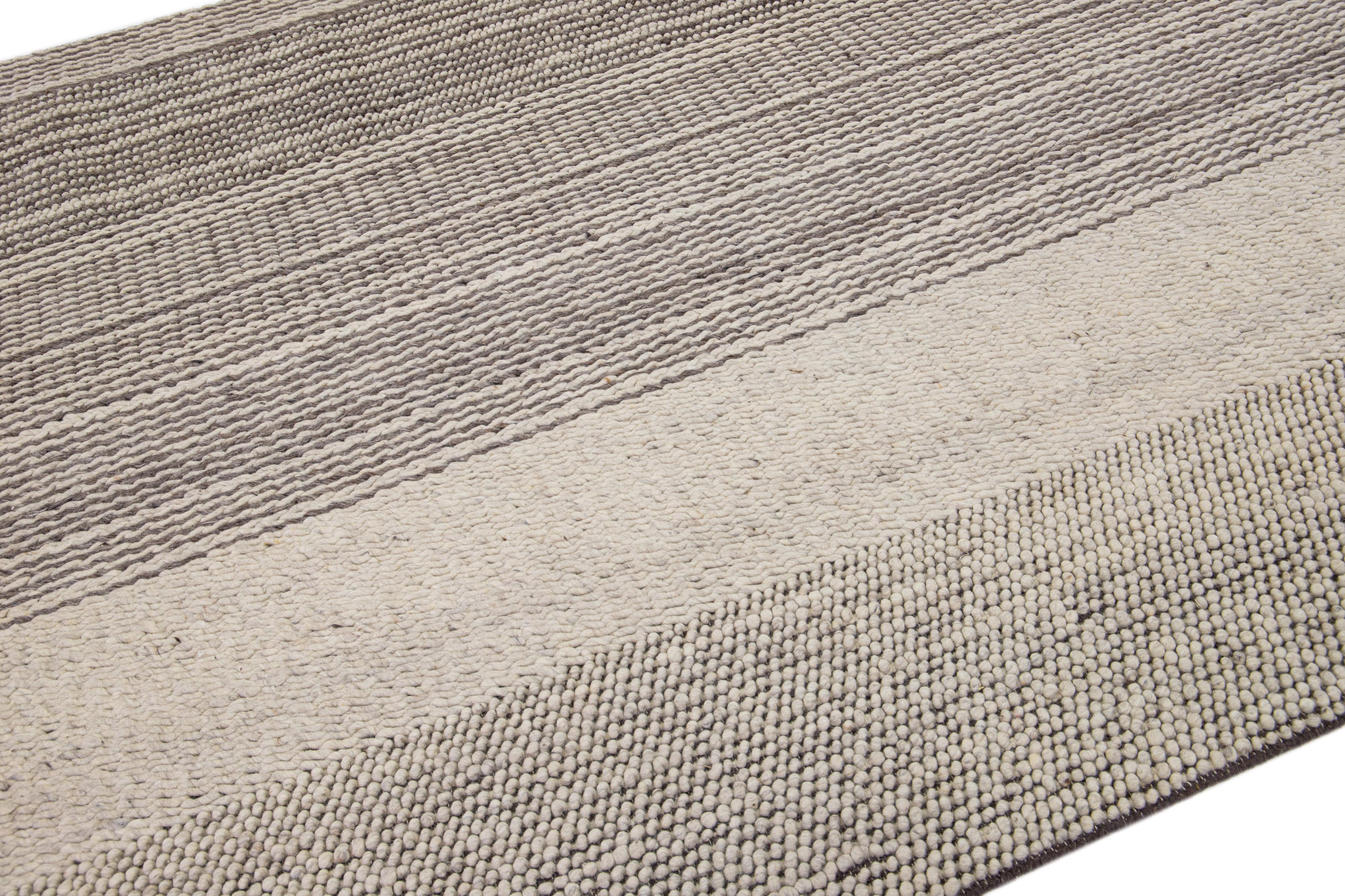 Organic Modern Handmade Modern Minimalist Texture Style Wool Rug with Beige Color Field For Sale