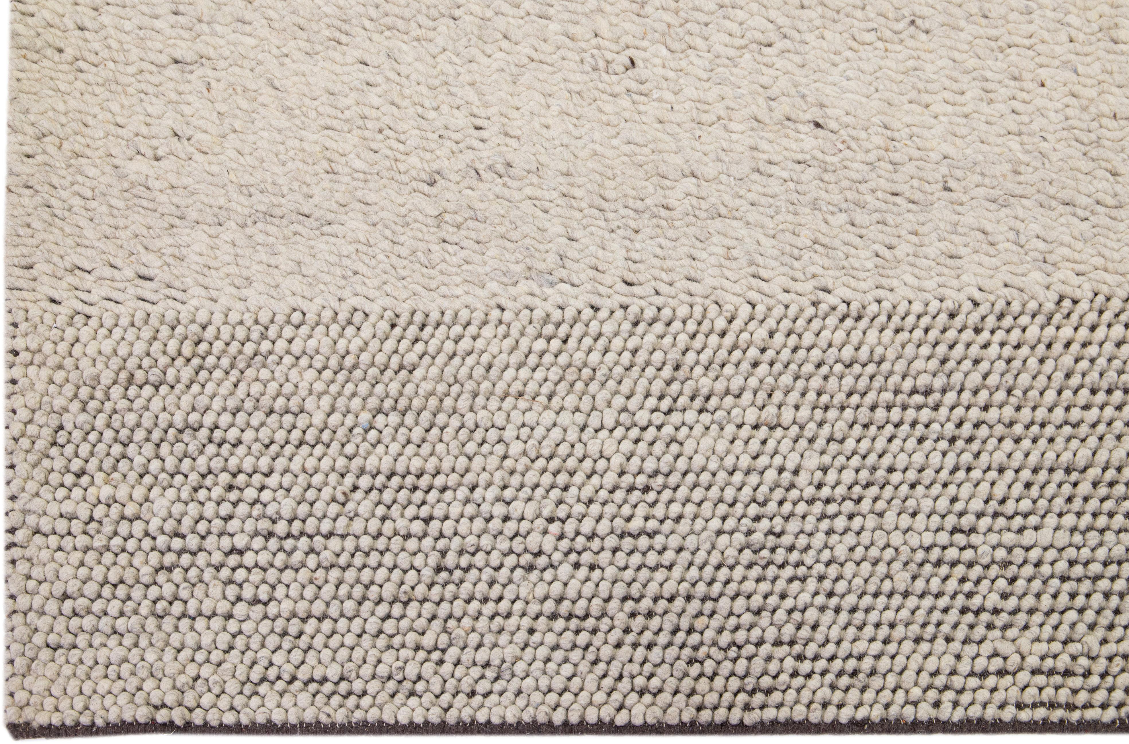 Hand-Knotted Handmade Modern Minimalist Texture Style Wool Rug with Beige Color Field For Sale