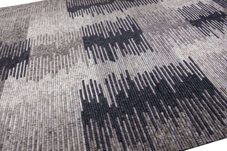 Handmade Modern Moroccan Style Abstract Wool Rug In Gray For Sale at