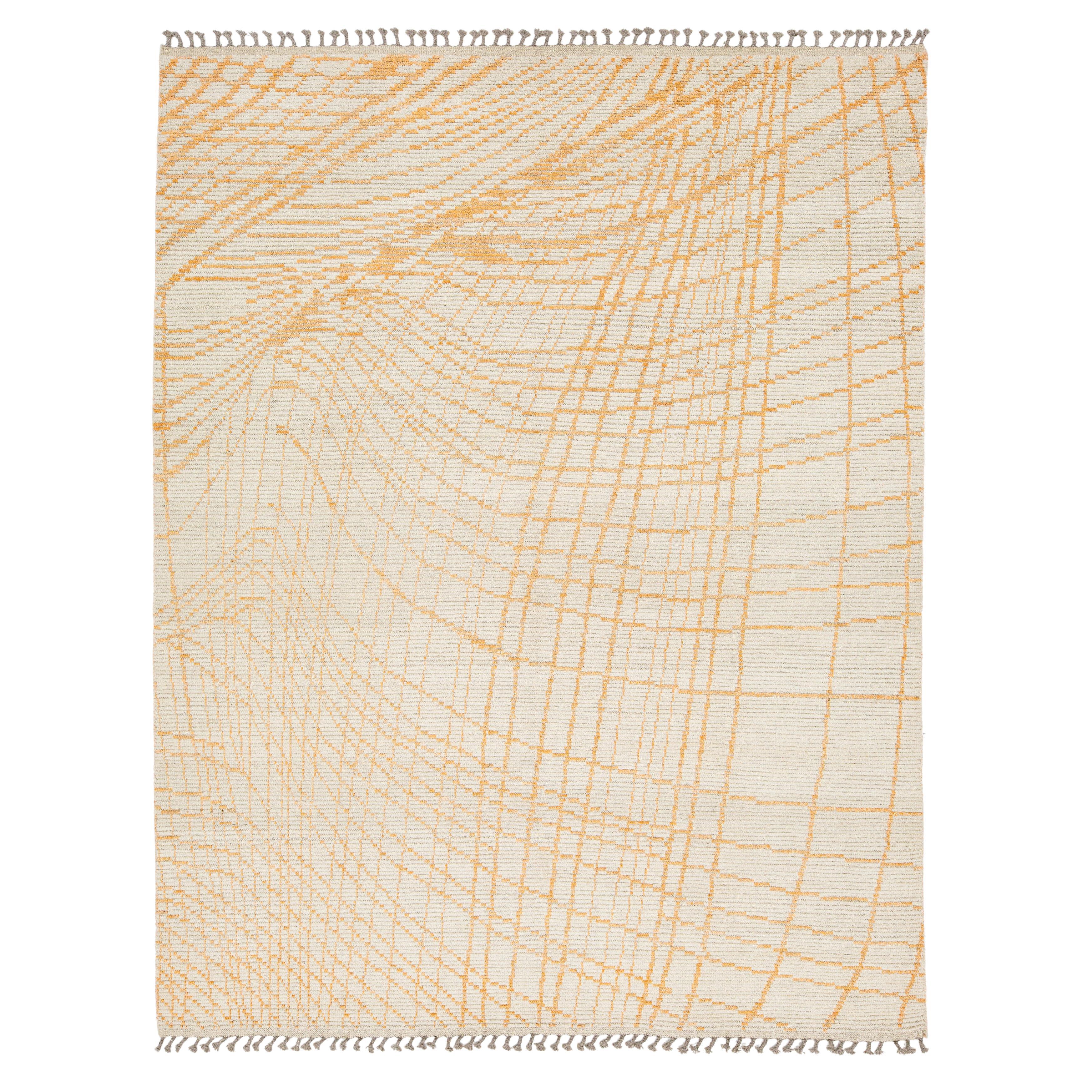 Handmade Modern Moroccan Style Beige and Orange Wool Rug With Abstract Design