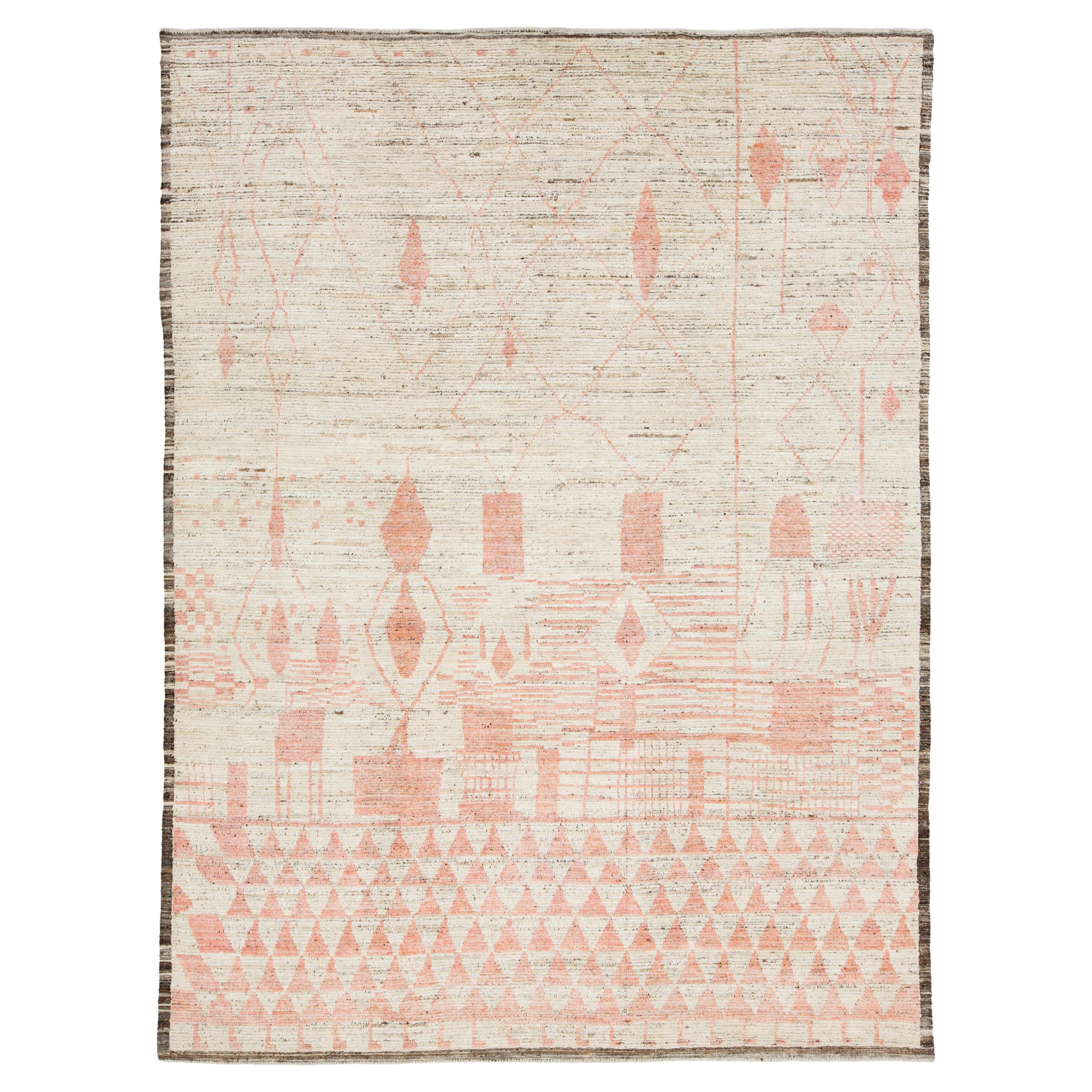 Handmade Modern Moroccan Style Beige Wool Rug With Geometry Design