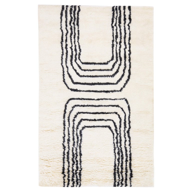 Handmade Modern Moroccan Style Ivory Wool Rug with Minimalist Design by