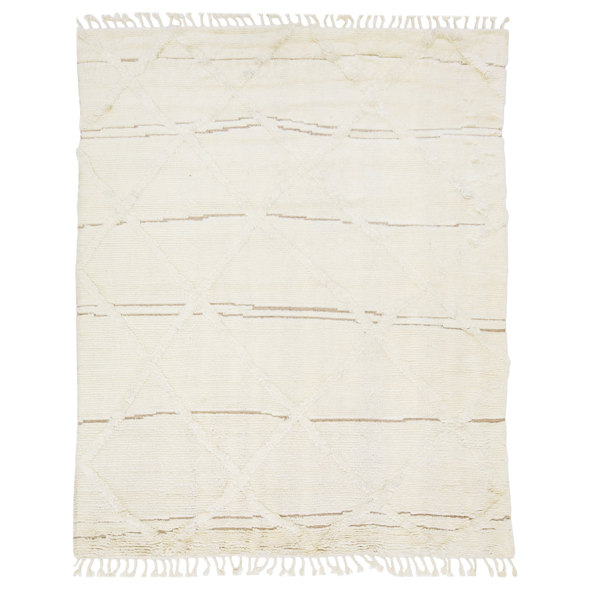 Tapis en laine tribal de style marocain moderne fait à la main, ivoire et Brown