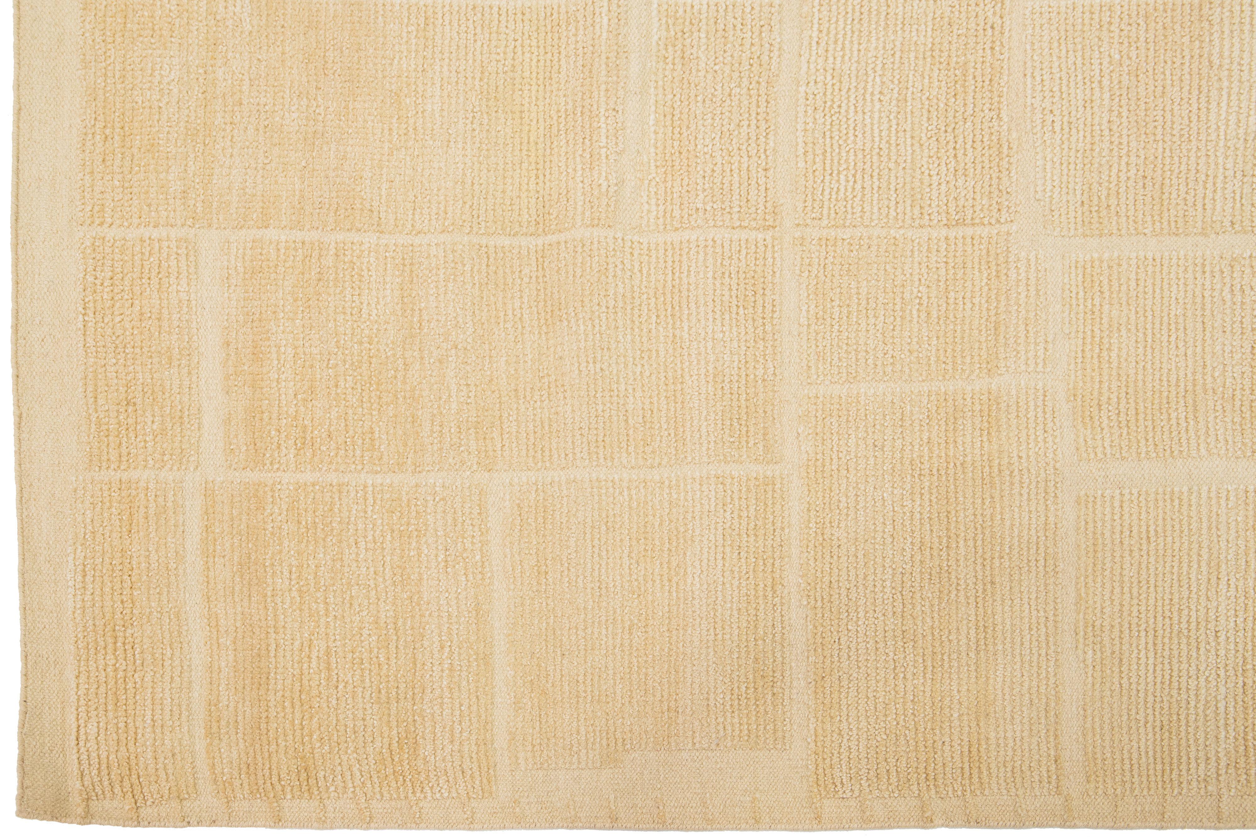 Hand-Knotted Handmade Modern Moroccan-Style Wool Rug In Beige -Tan Color By Apadana For Sale
