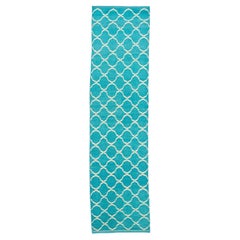 Handmade Modern Moroccan Style Wool Runner - Turquoise & Cream Trellis Pattern
