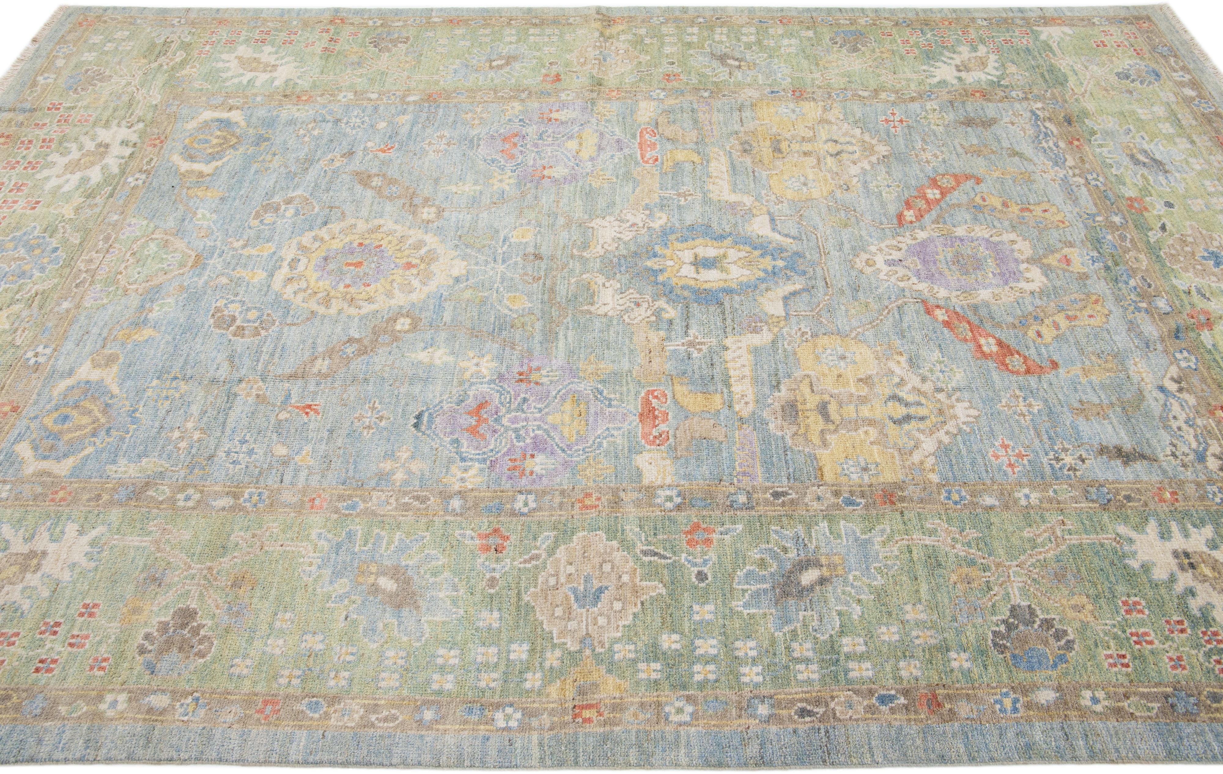 Hand-Knotted Handmade Modern Oushak Style Blue & Green Wool Rug with Floral Motif For Sale