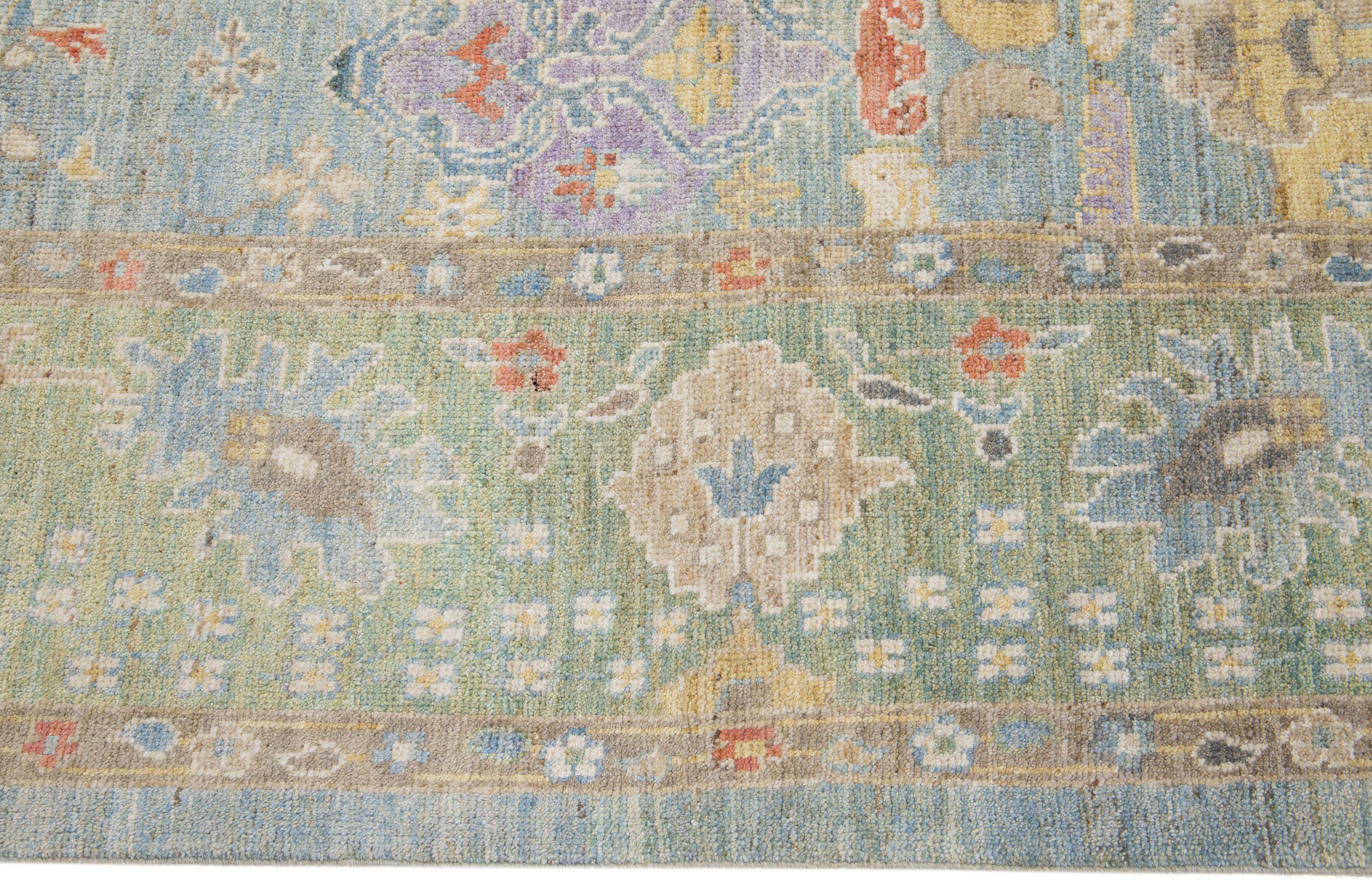 Handmade Modern Oushak Style Blue & Green Wool Rug with Floral Motif In New Condition For Sale In Norwalk, CT