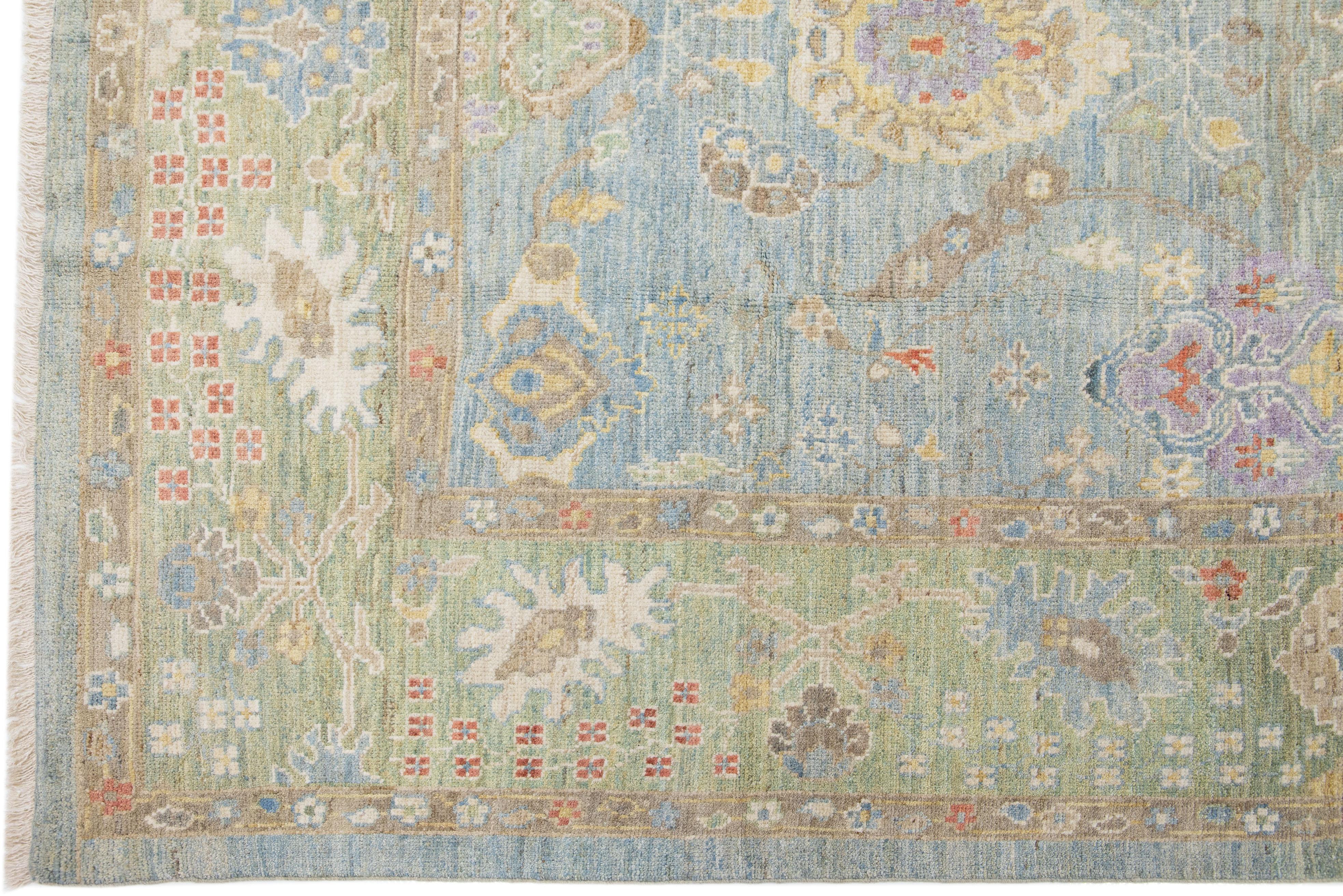 Contemporary Handmade Modern Oushak Style Blue & Green Wool Rug with Floral Motif For Sale