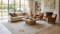 Handmade Modern Oushak-Style Indian Wool Area Rug – Muted Neutral & Slate Blue
