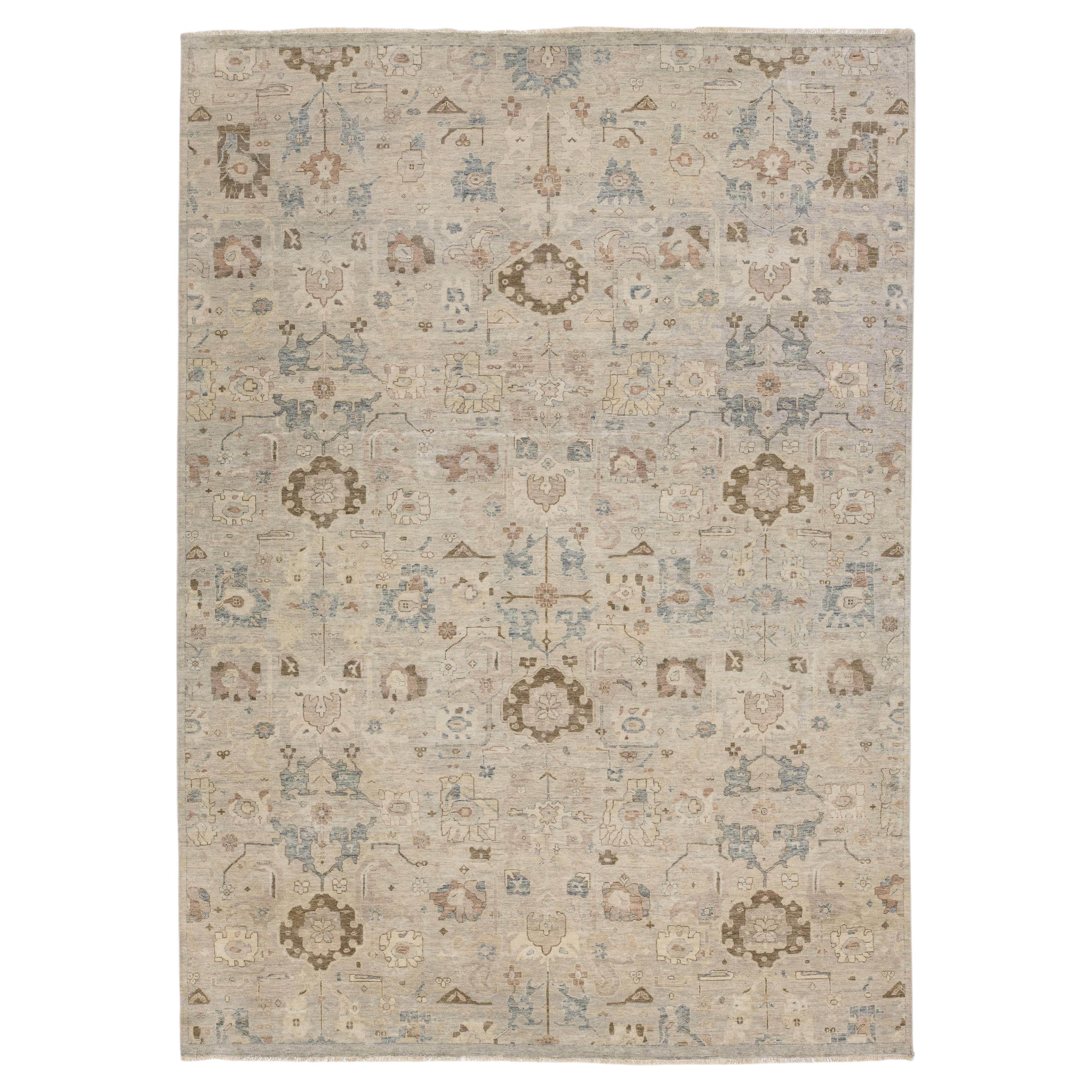 Handmade Modern Oushak-Style Indian Wool Area Rug – Muted Neutral & Slate Blue