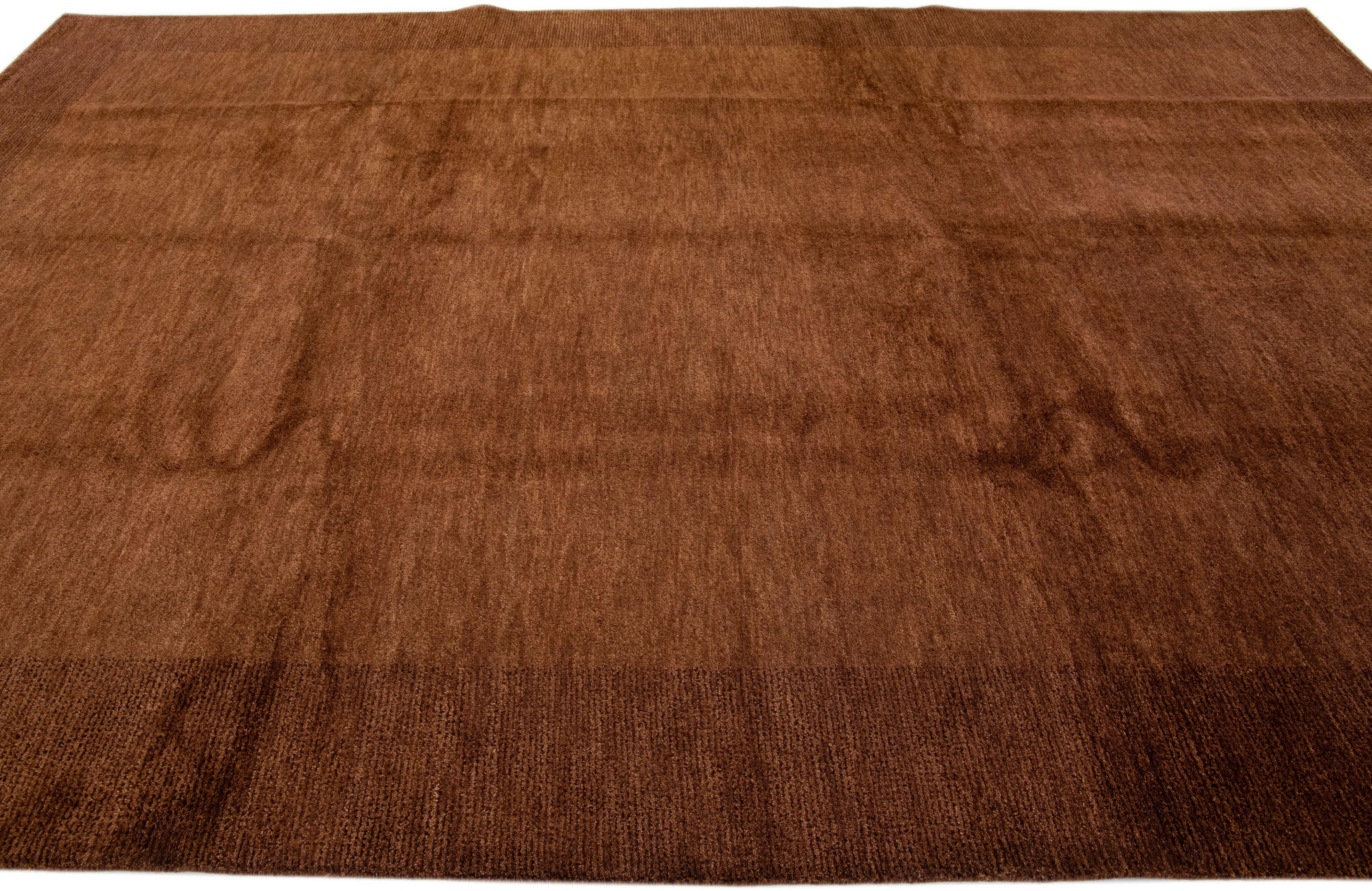 Handmade Modern Persian Gabbeh Wool Rug with Brown Solid Motif In New Condition For Sale In Norwalk, CT