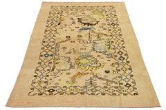 Handmade Modern Revival Beige Wool Rug With Floral Pattern
