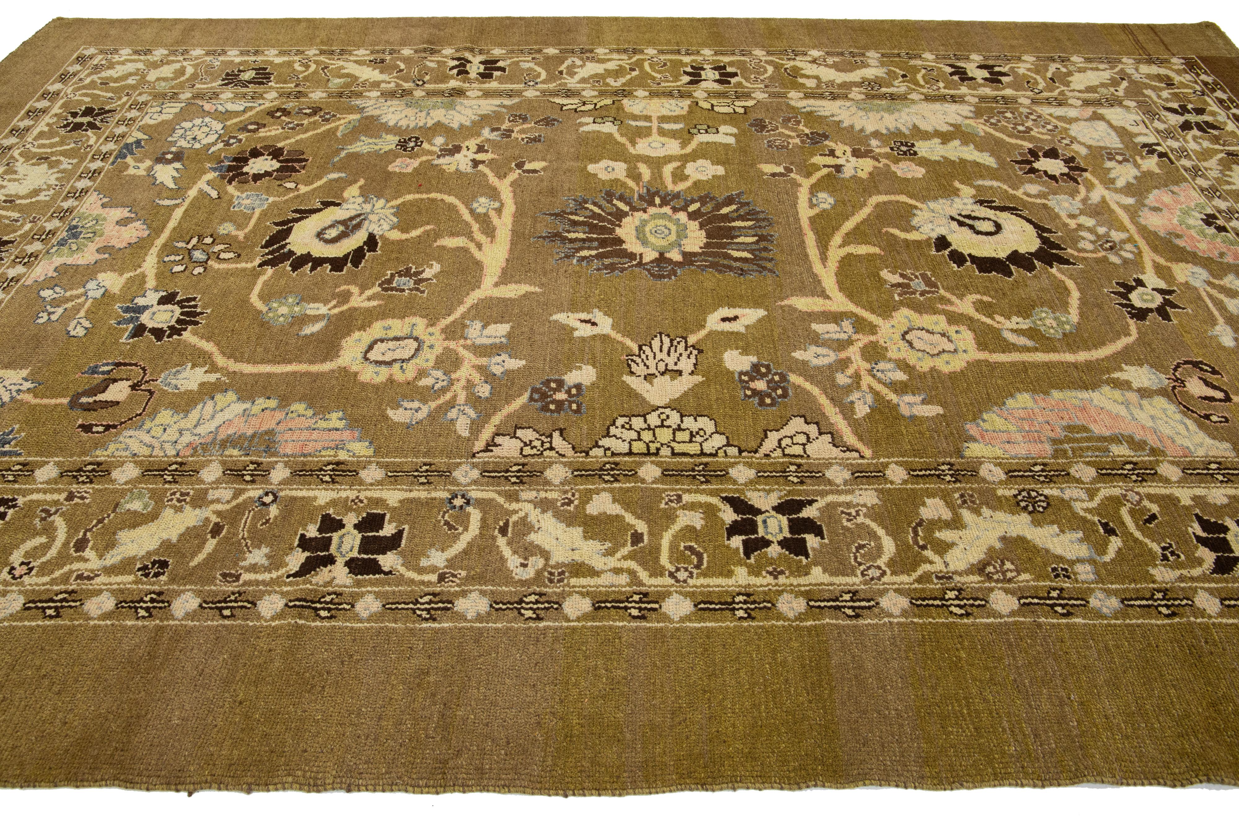 Handmade Modern Revival Light Brown Wool Rug With Allover Design For Sale 3