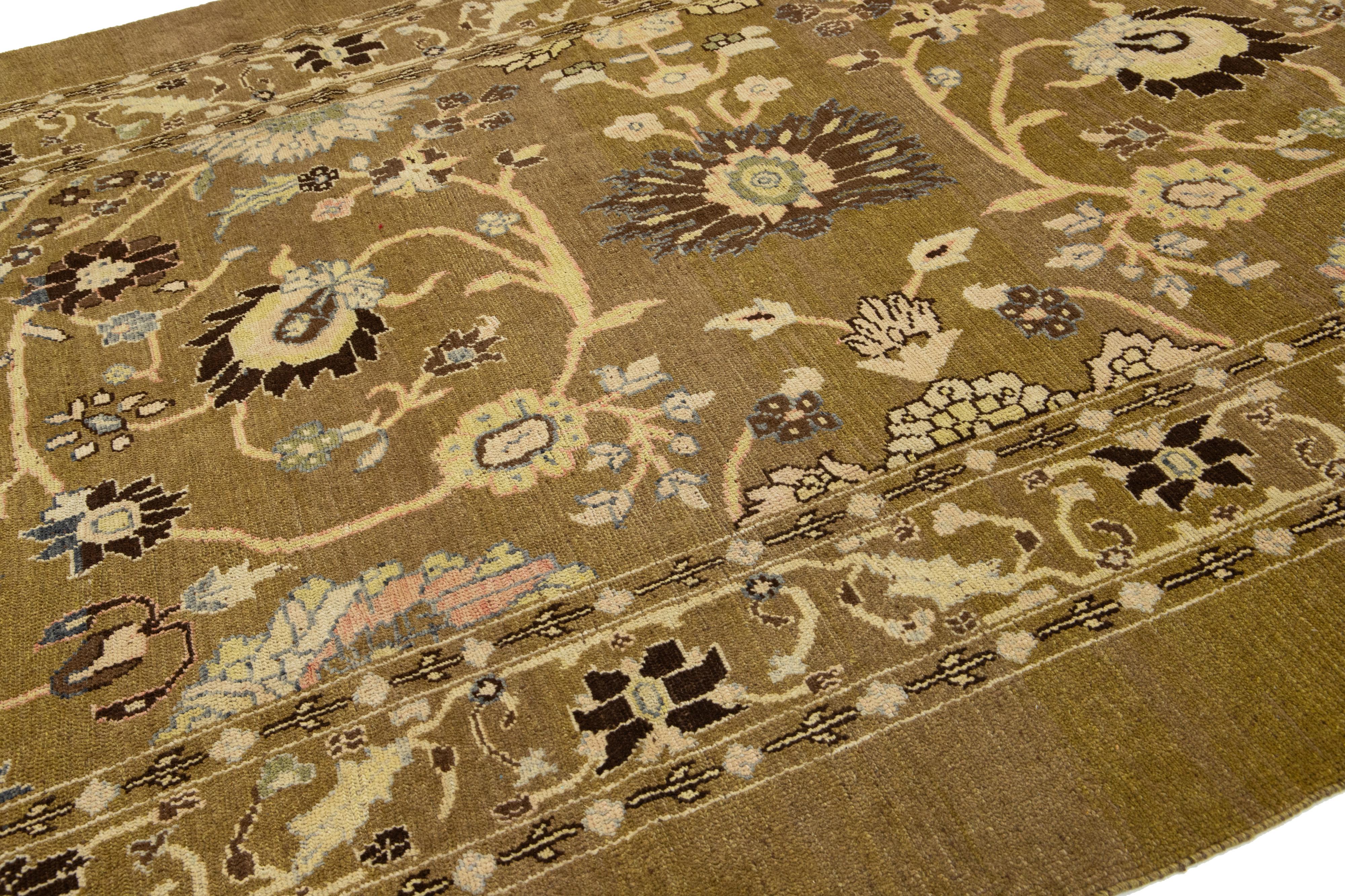 Handmade Modern Revival Light Brown Wool Rug With Allover Design For Sale 4