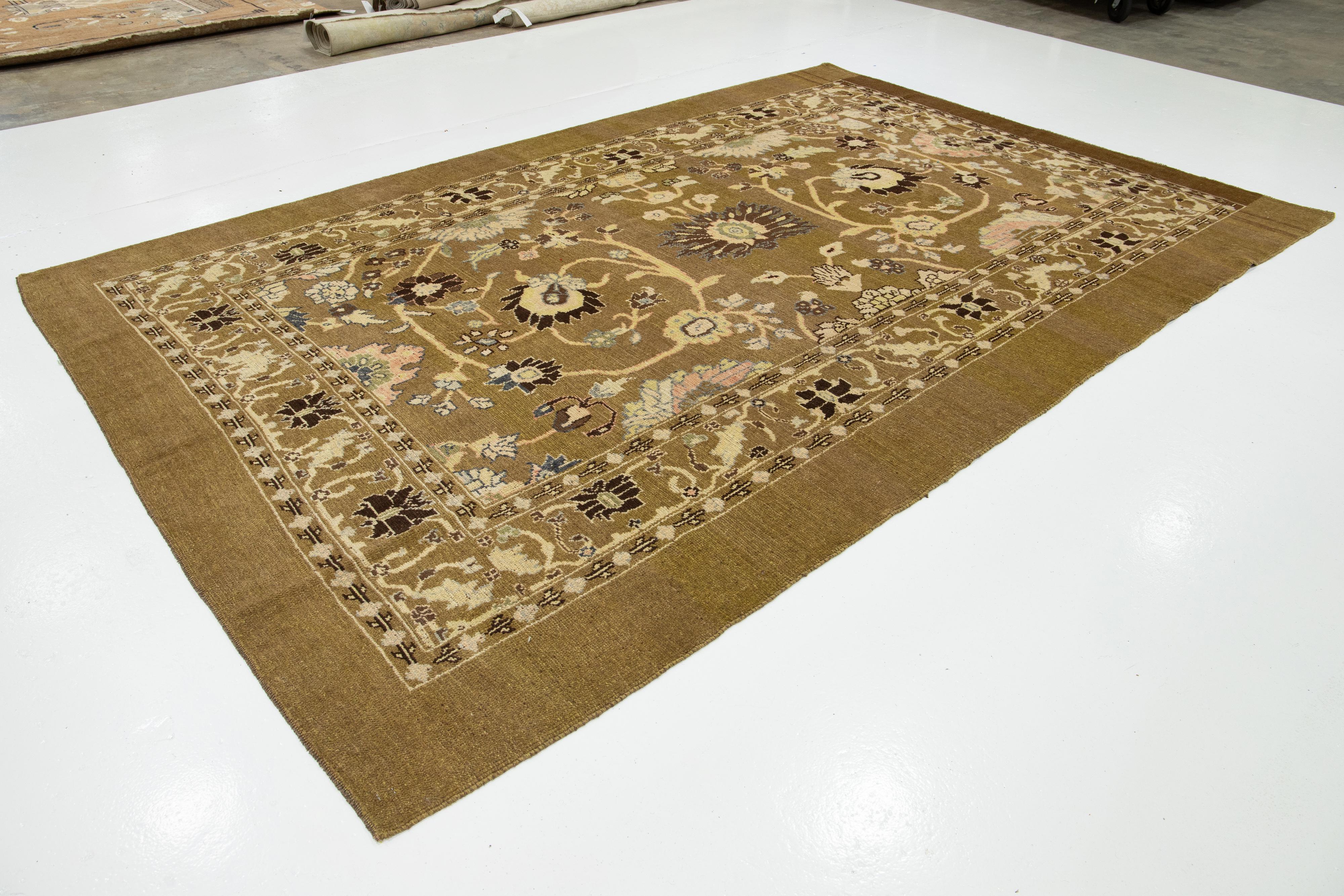 Regency Revival Handmade Modern Revival Light Brown Wool Rug With Allover Design For Sale