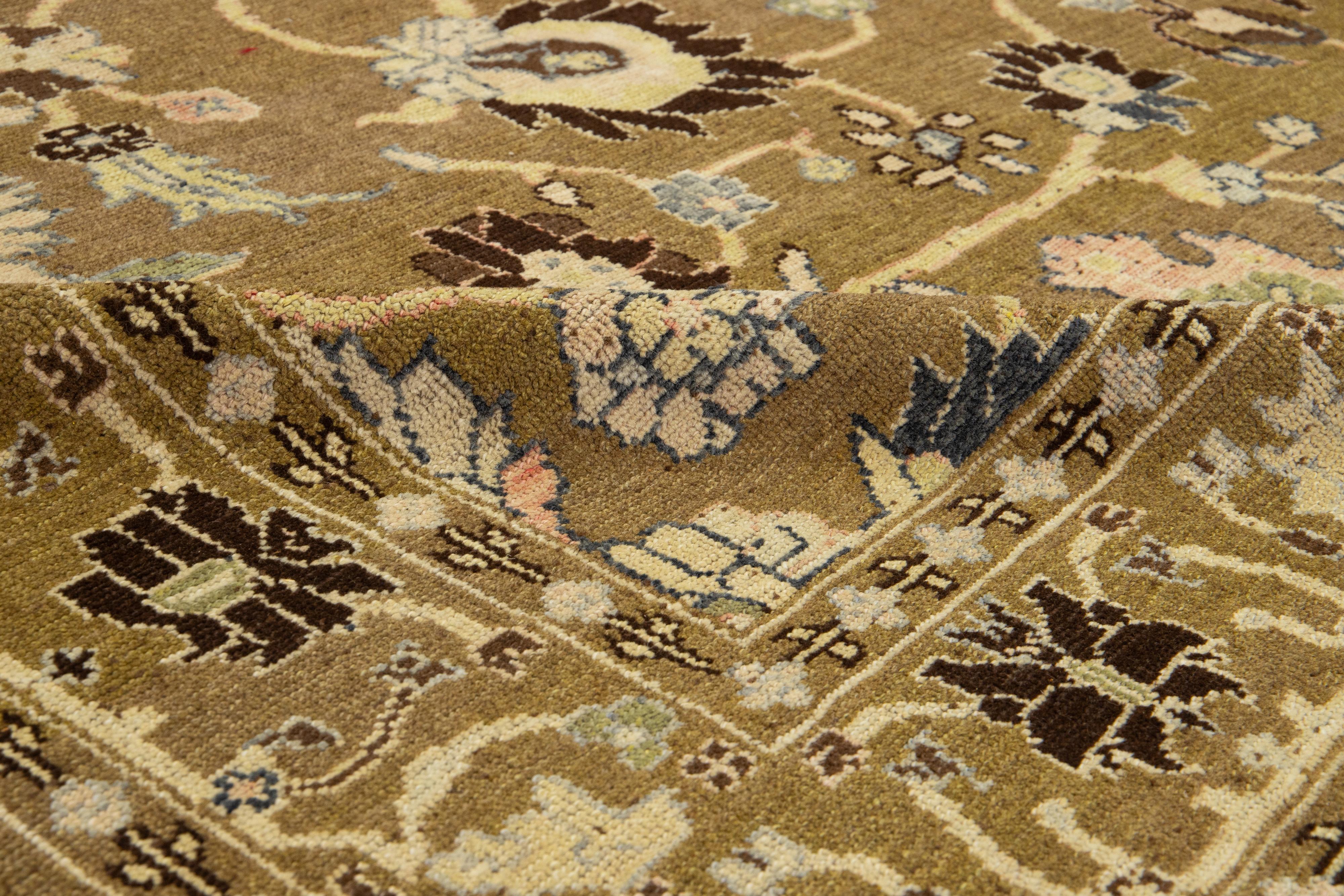 Hand-Knotted Handmade Modern Revival Light Brown Wool Rug With Allover Design For Sale