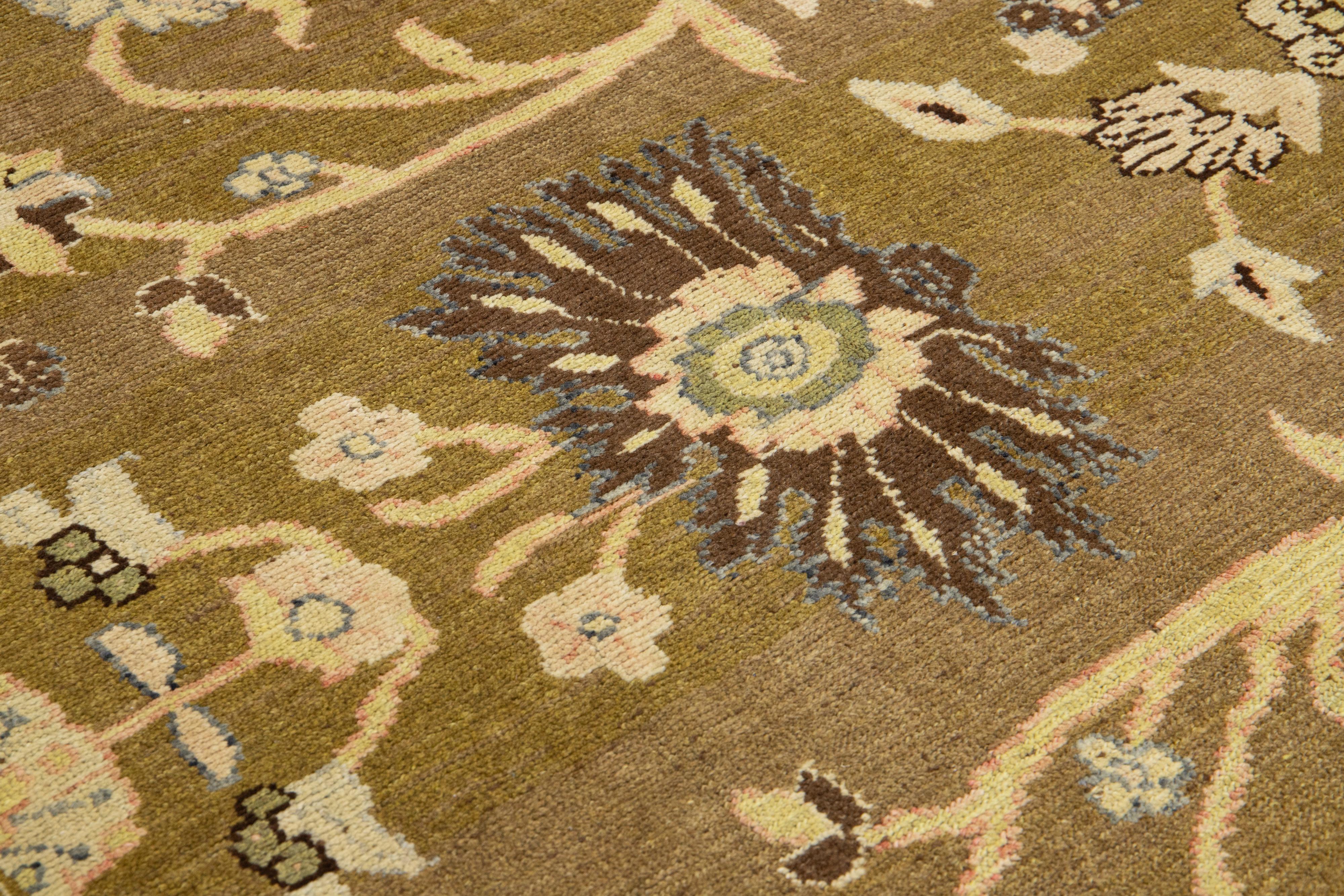 Contemporary Handmade Modern Revival Light Brown Wool Rug With Allover Design For Sale
