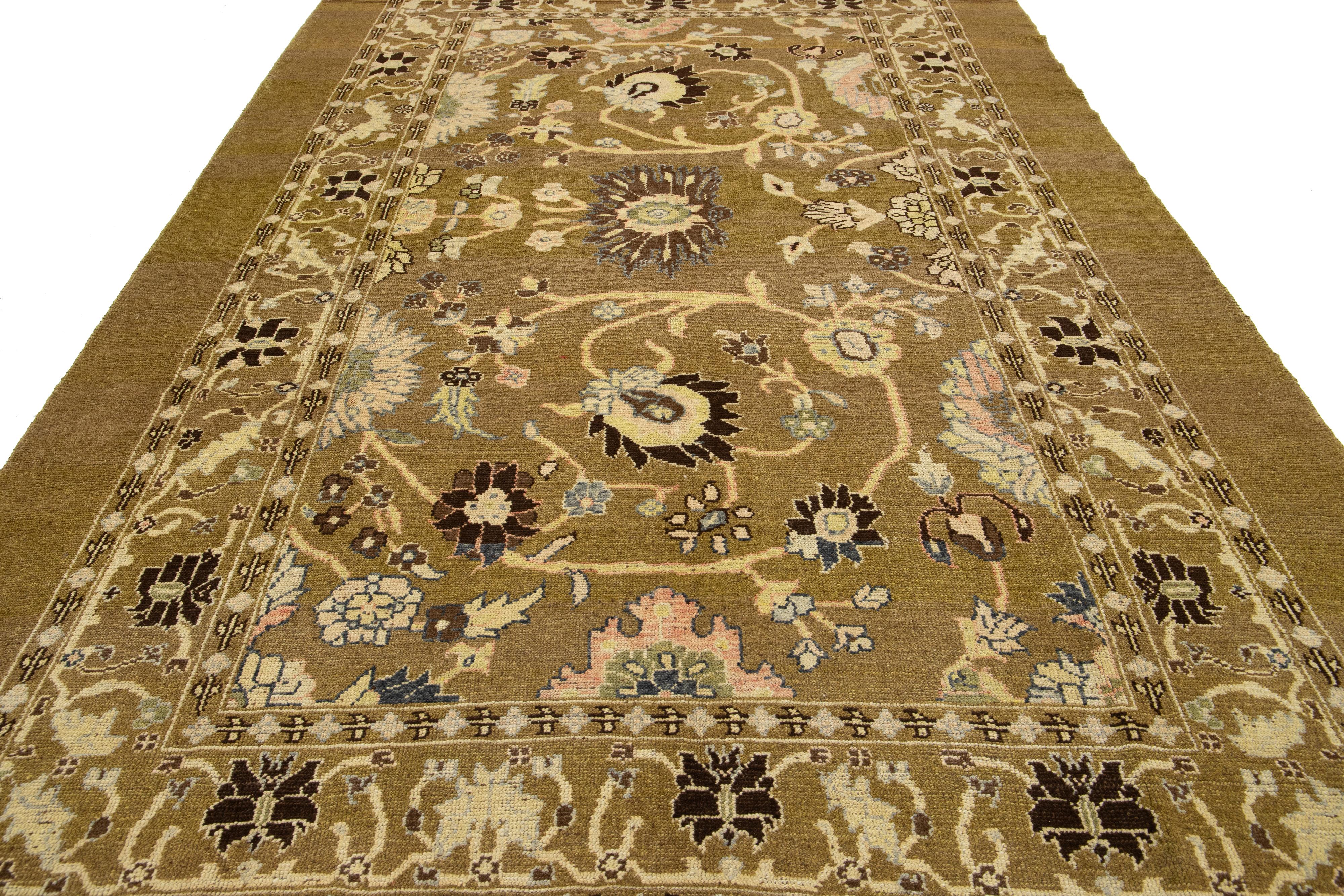 Handmade Modern Revival Light Brown Wool Rug With Allover Design For Sale 1