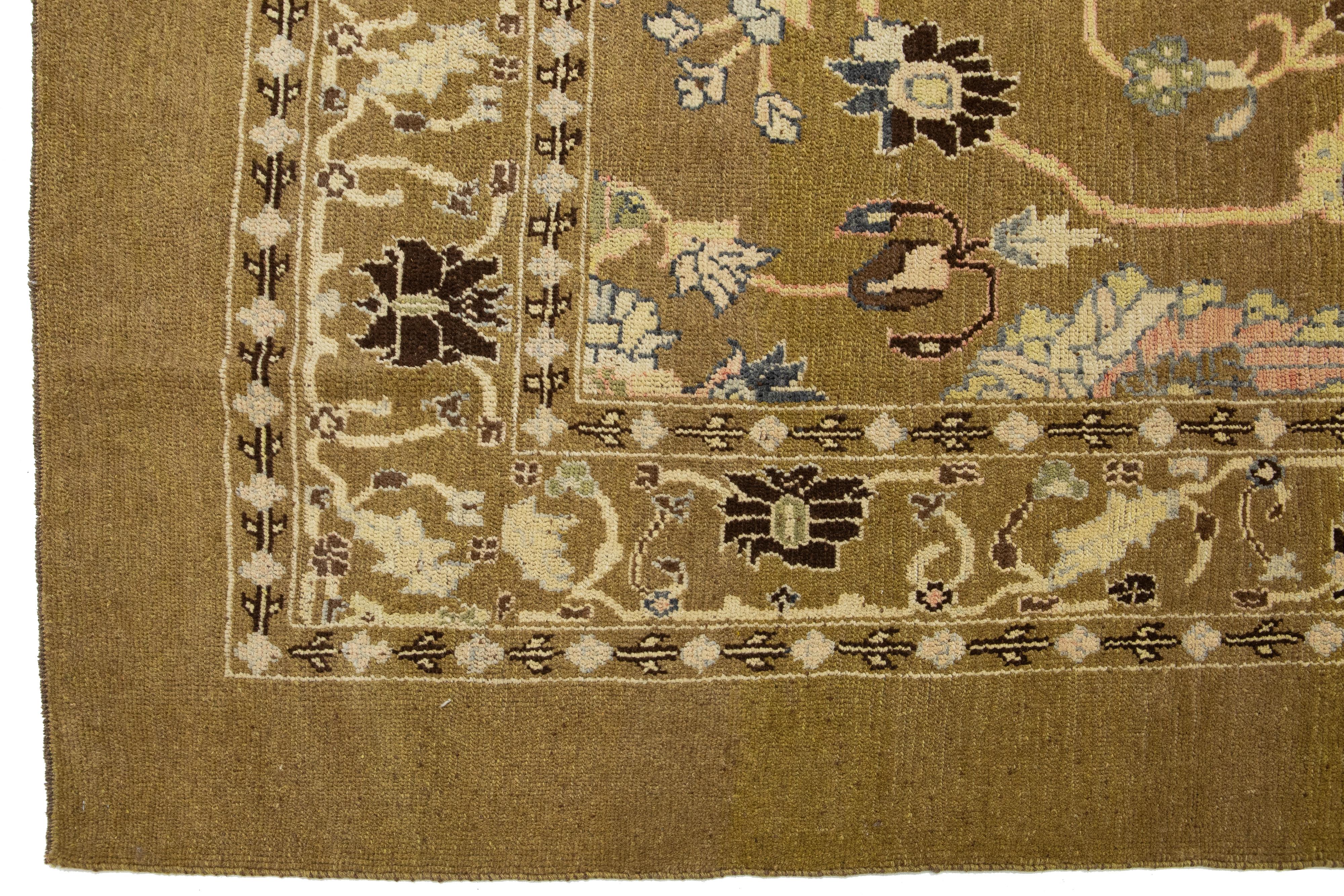 Handmade Modern Revival Light Brown Wool Rug With Allover Design For Sale 2