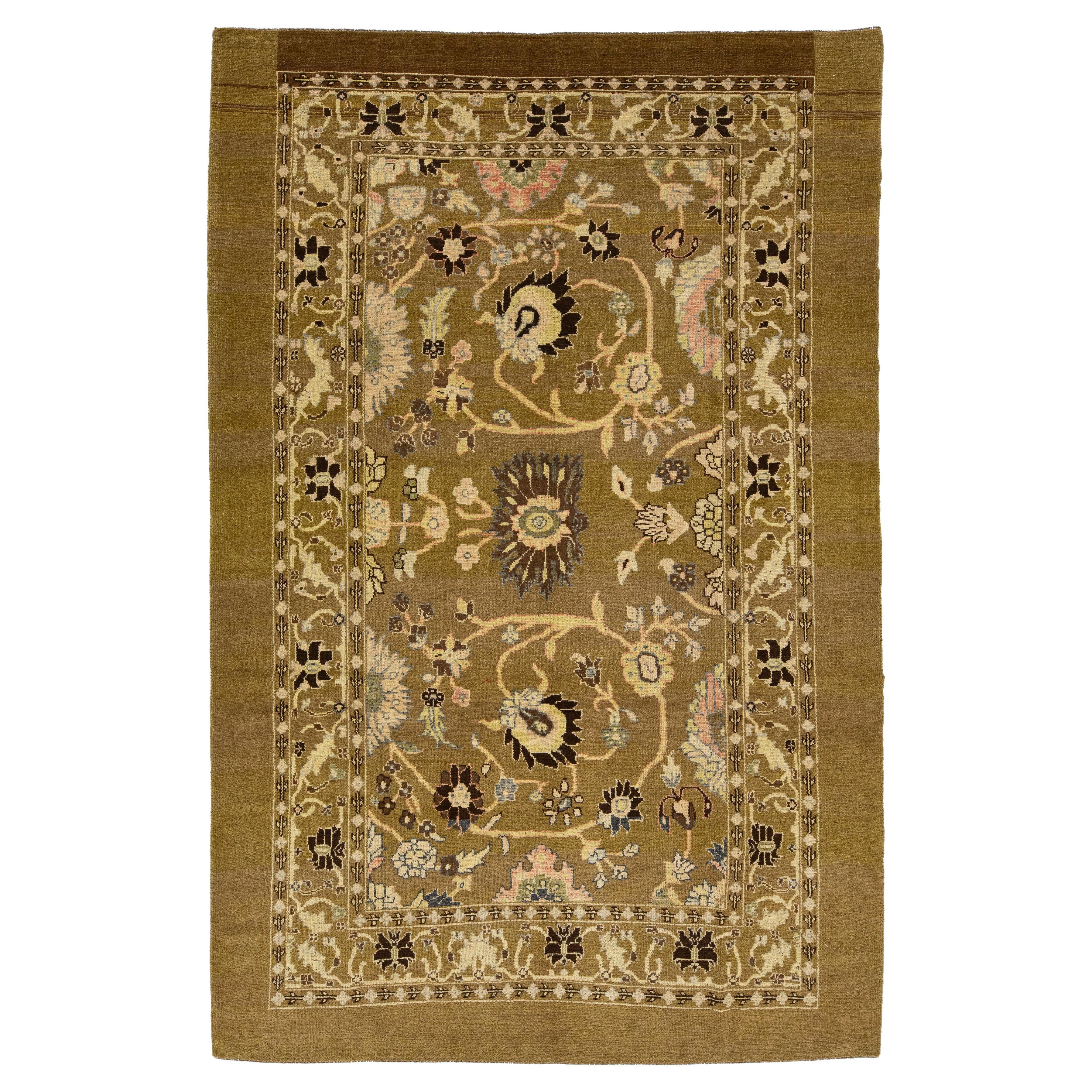 Handmade Modern Revival Light Brown Wool Rug With Allover Design