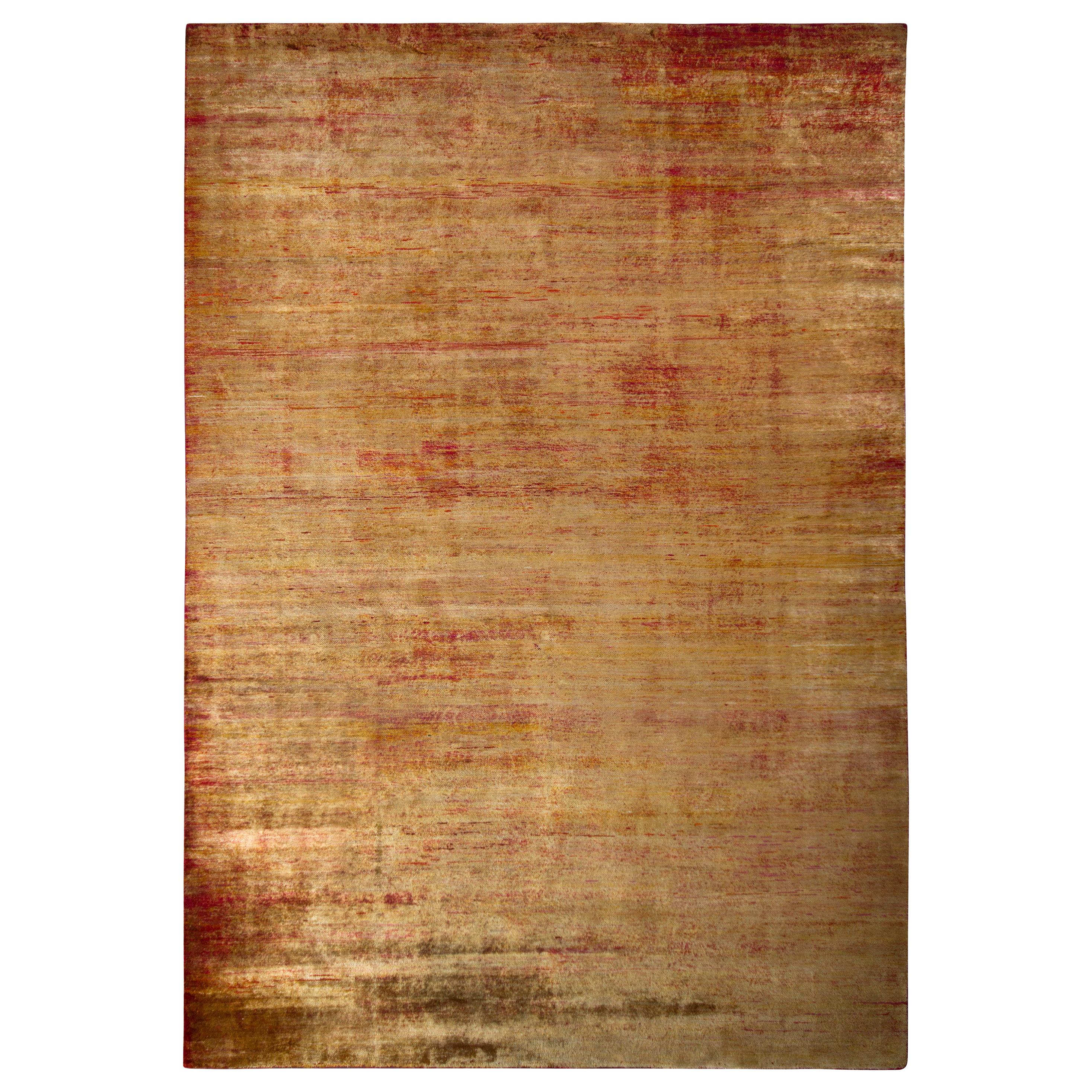 Rug & Kilim's Handmade Modern Rug Gold and Red Abrashed Striped Pattern For Sale