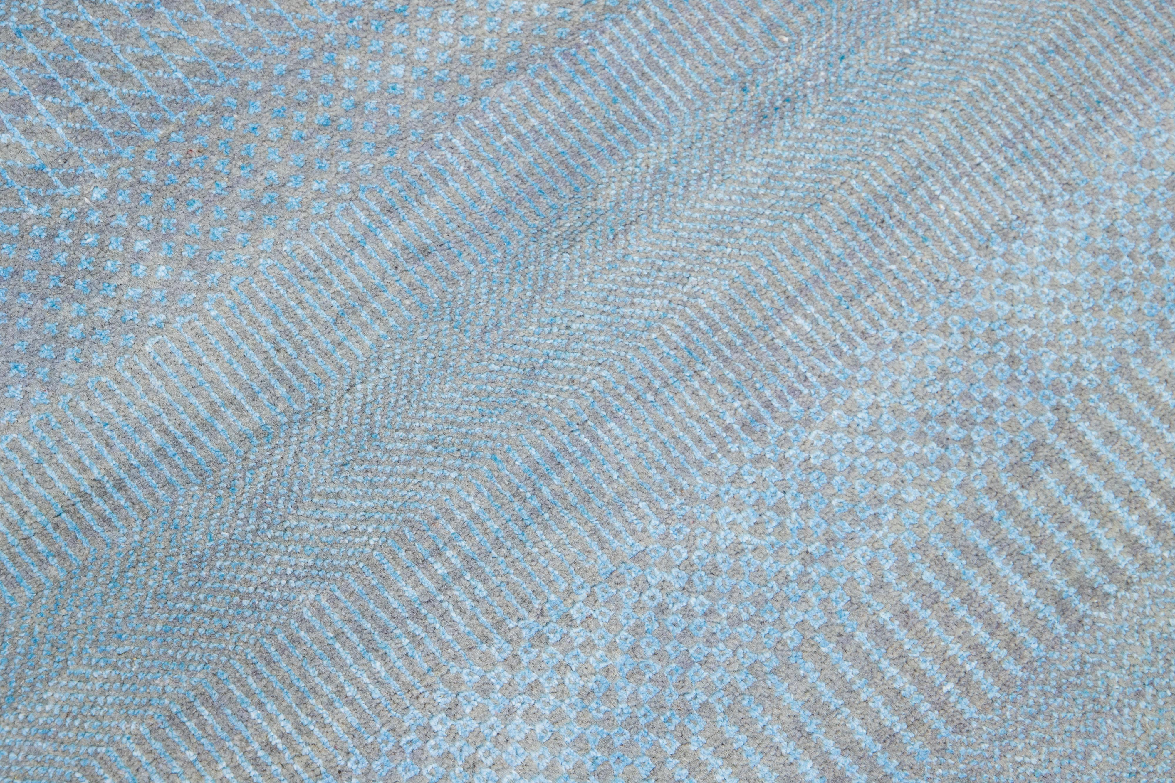 Indian Handmade Modern Savannah Light Blue Wool Runner with Subtle Geometric Pattern For Sale