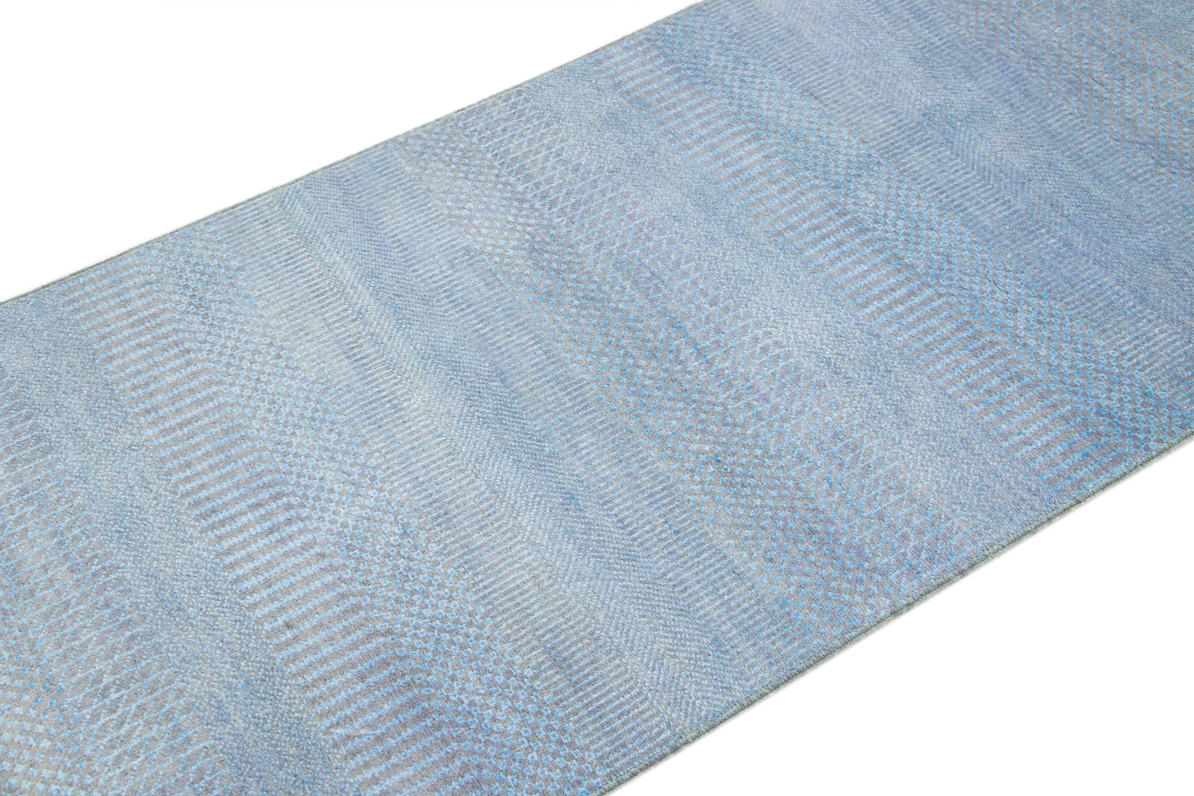 Hand-Knotted Handmade Modern Savannah Light Blue Wool Runner with Subtle Geometric Pattern For Sale
