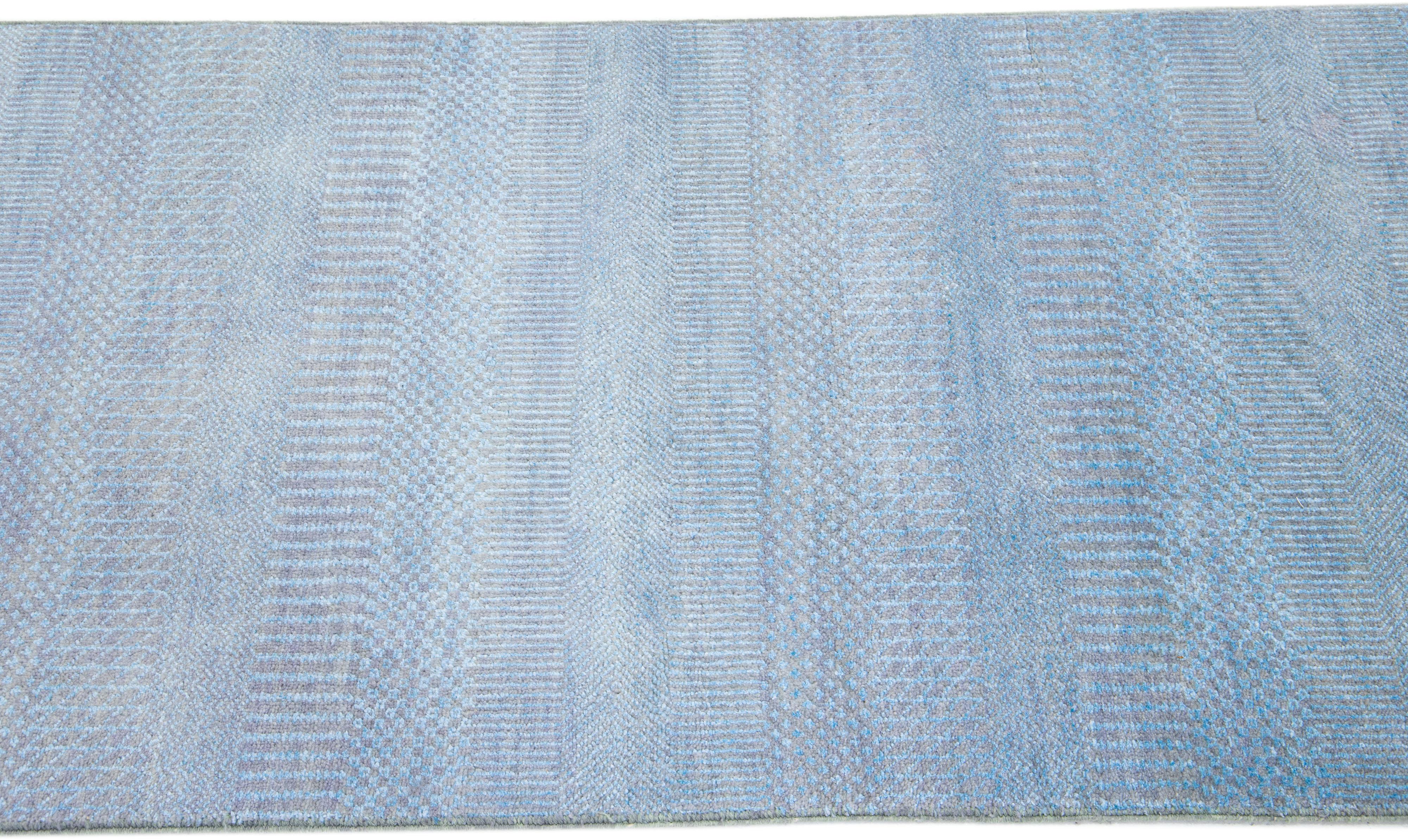 Handmade Modern Savannah Light Blue Wool Runner with Subtle Geometric Pattern In New Condition For Sale In Norwalk, CT