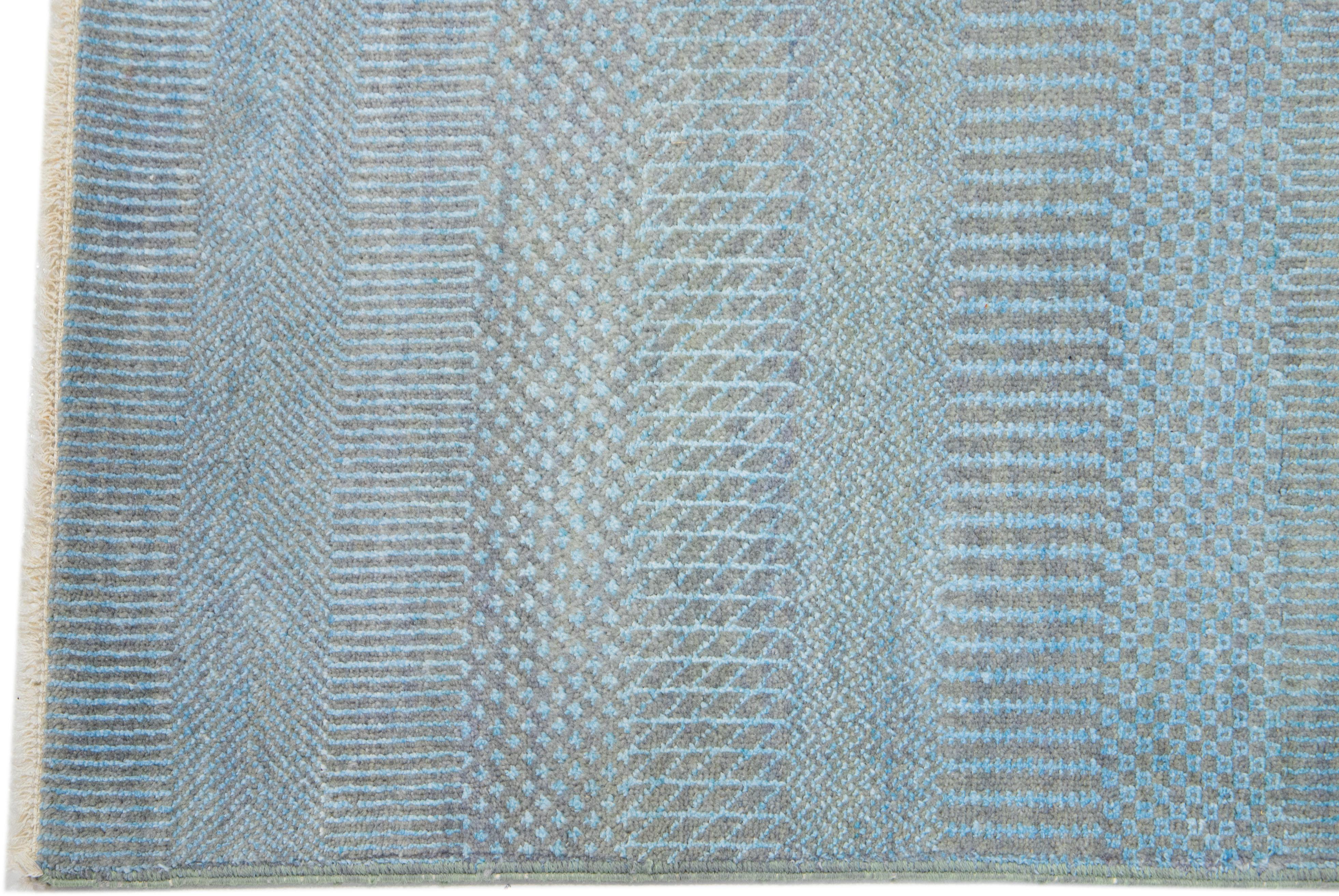 Contemporary Handmade Modern Savannah Light Blue Wool Runner with Subtle Geometric Pattern For Sale