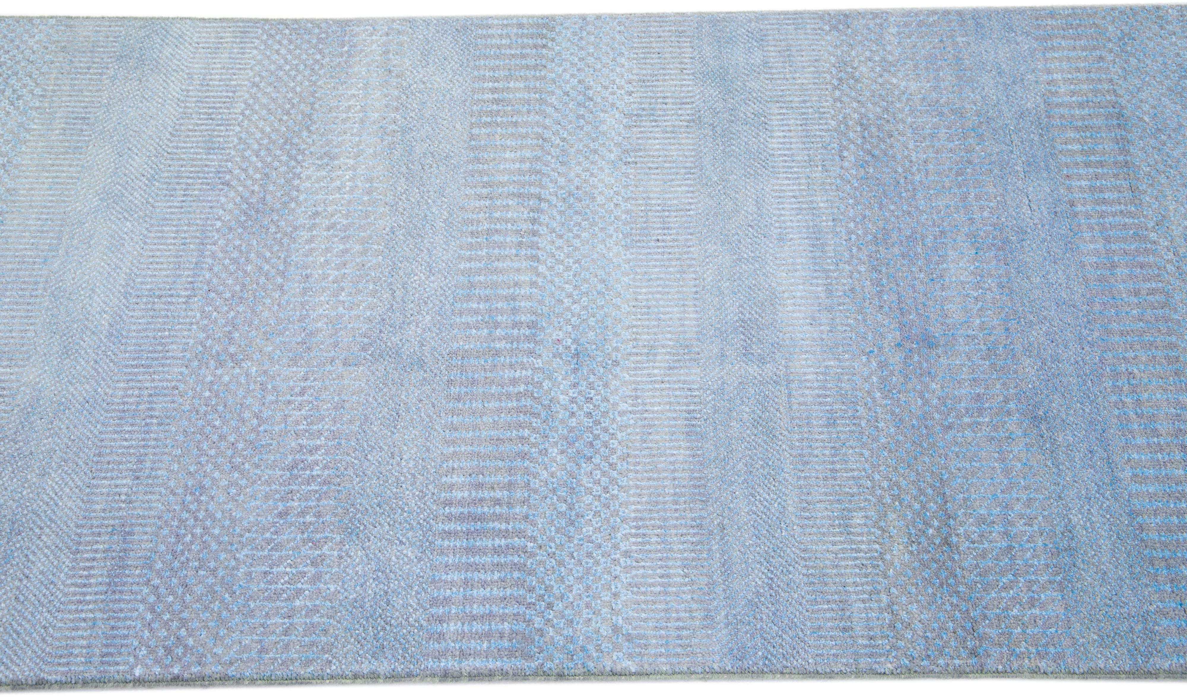 Hand-Knotted Handmade Modern Savannah Wool Runner with Light Blue Field For Sale