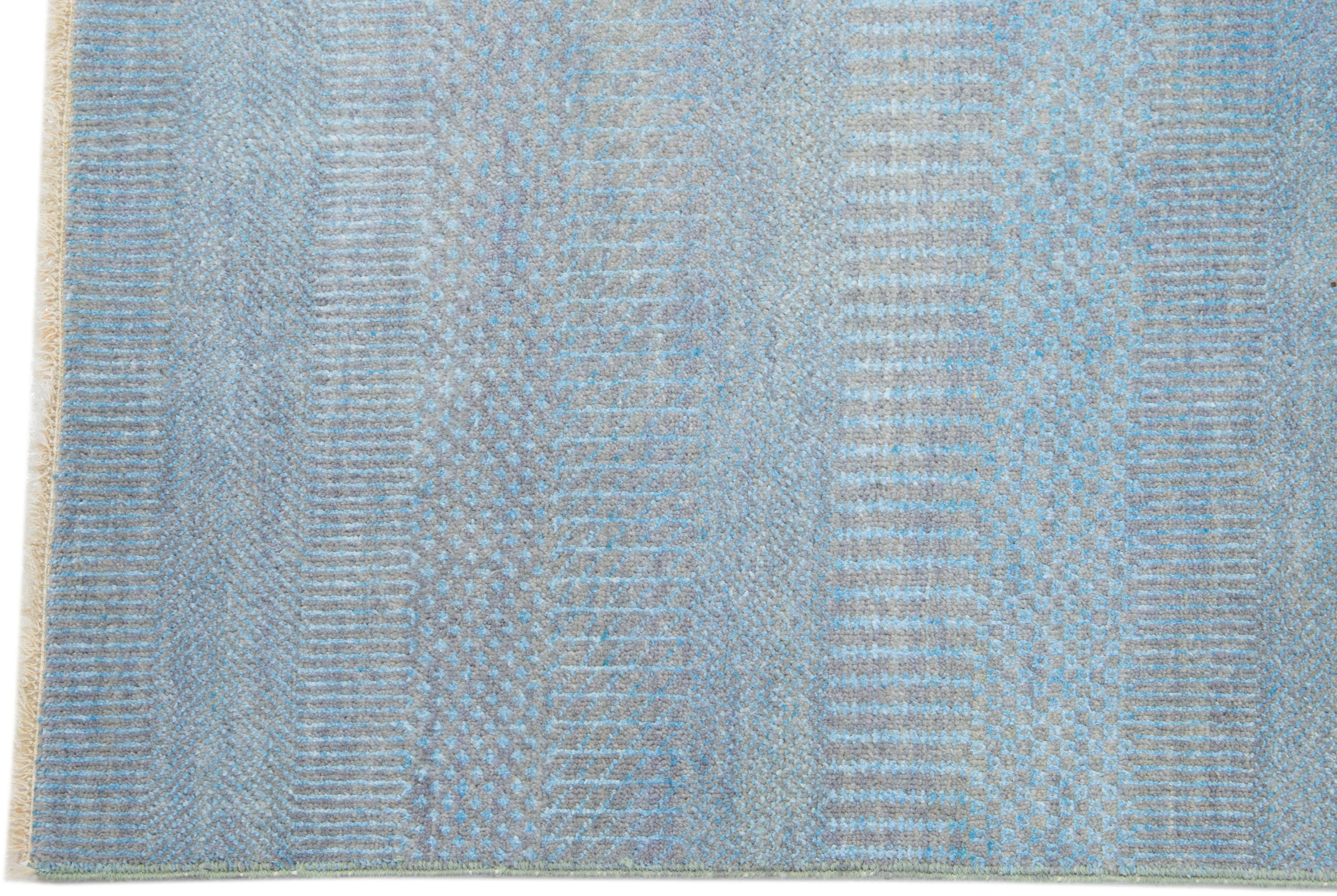 Handmade Modern Savannah Wool Runner with Light Blue Field In New Condition For Sale In Norwalk, CT