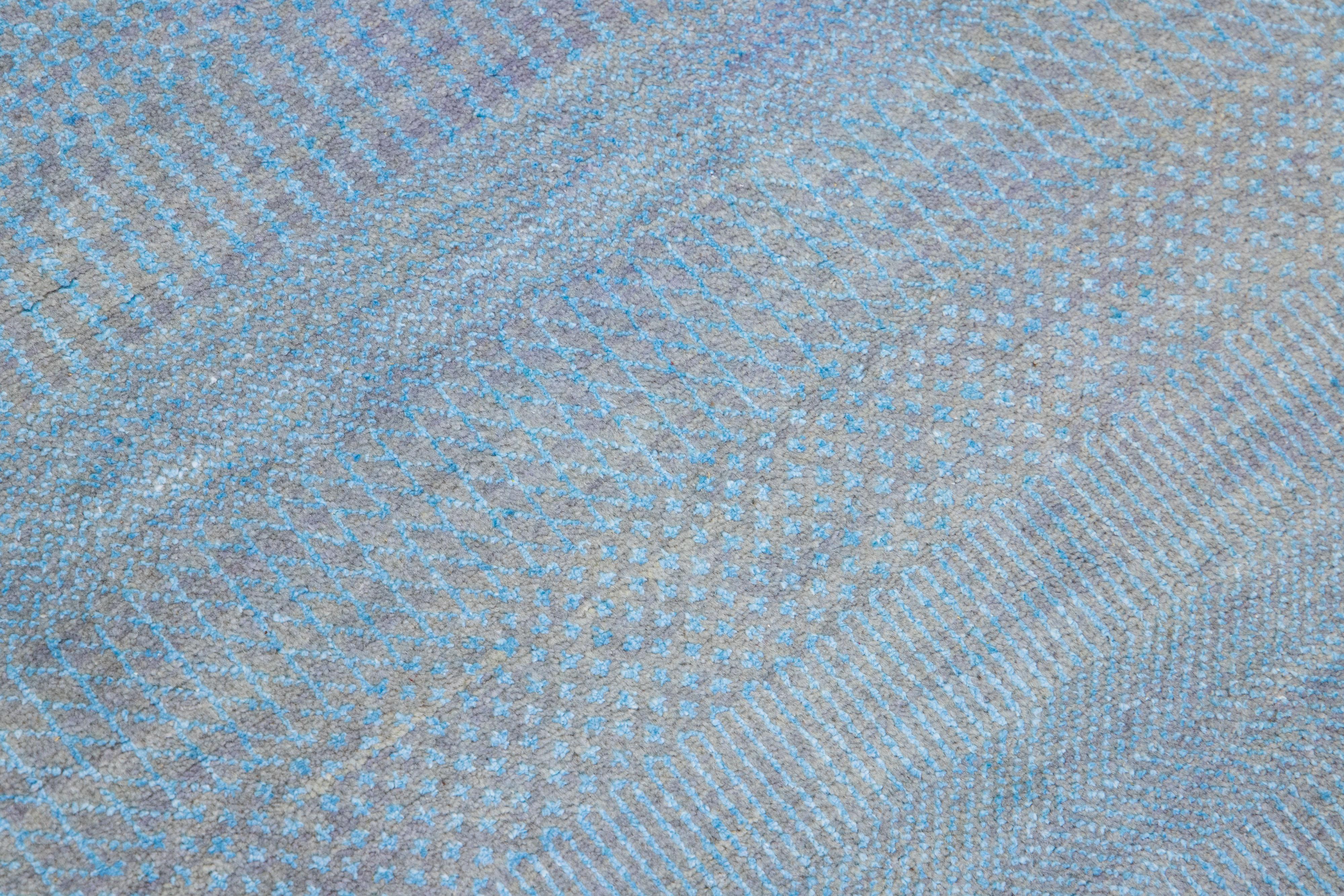 Contemporary Handmade Modern Savannah Wool Runner with Light Blue Field For Sale