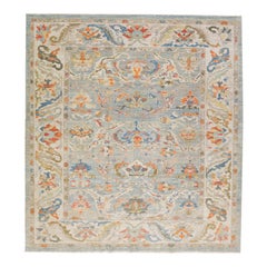 Handgefertigtes Modernes Quadrat  Sultanabad-Wollteppich in Blau mit geblümtem Design