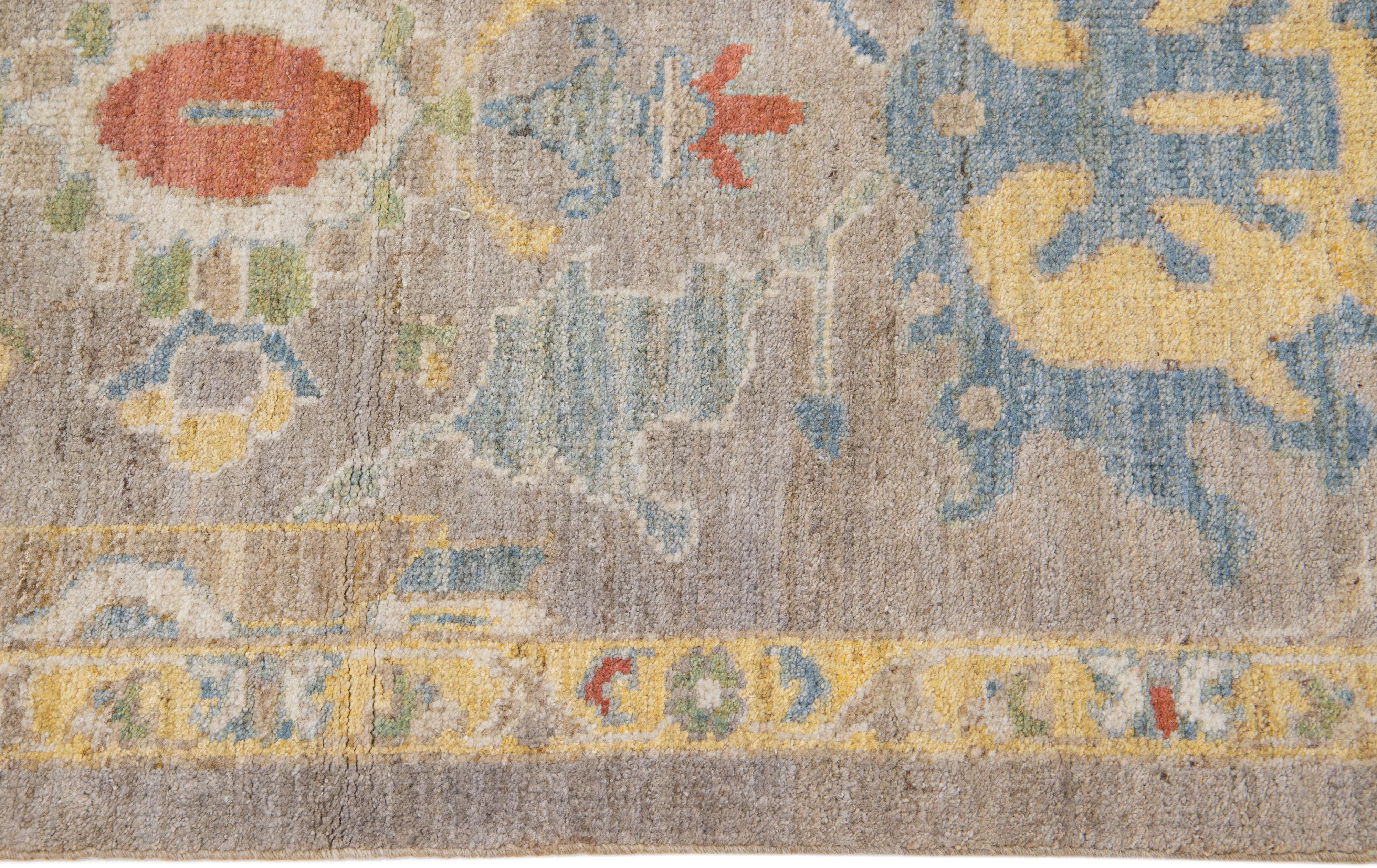 Persian Handmade Modern Sultanabad Beige Wool Runner with Floral Design For Sale