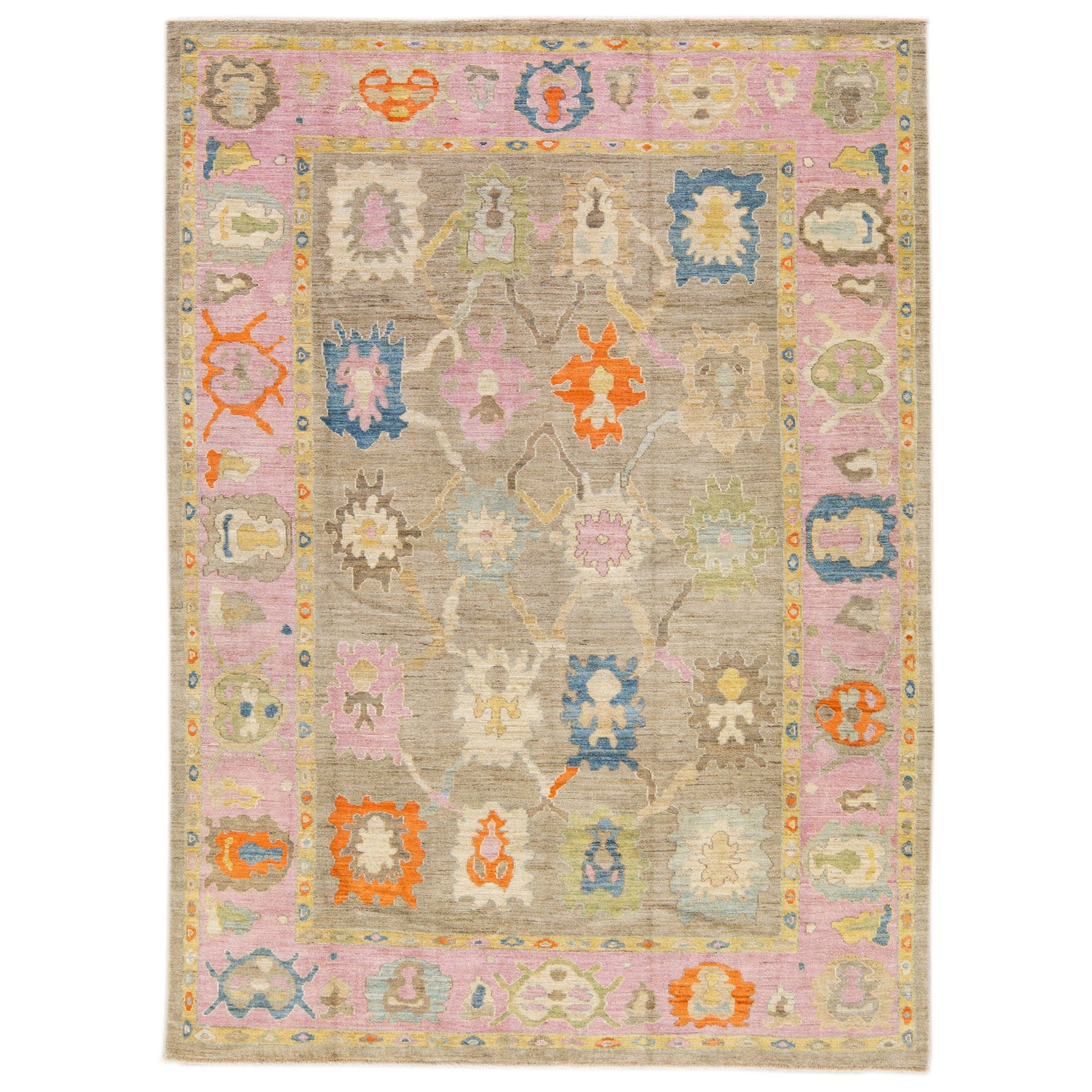 The Moderns Modern Rug Brown/Pink Wool with Floral Pattern (tapis en laine à motifs floraux) fait à la main en vente