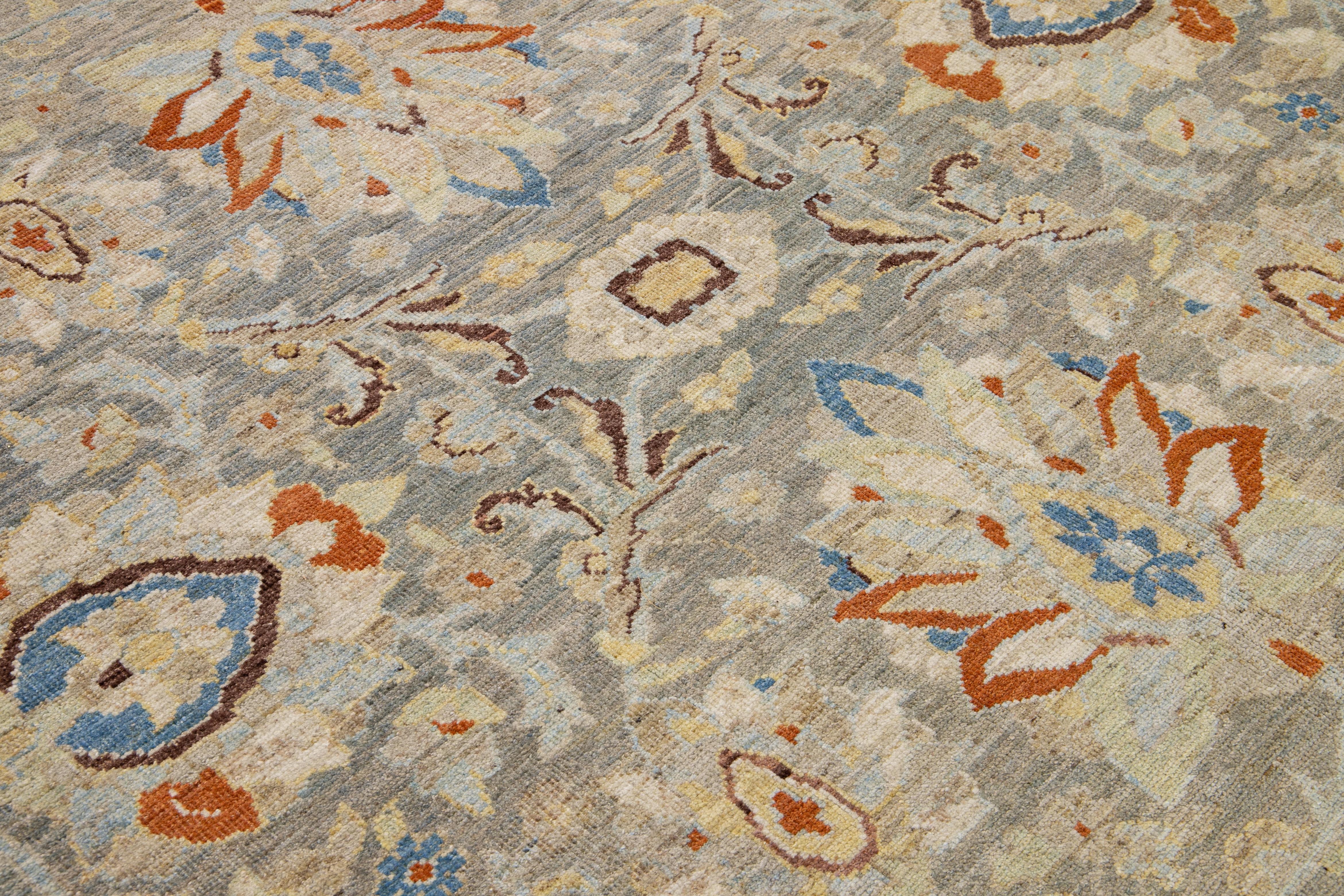 Handmade Modern Sultanabad Gray/Brown Wool Rug with Floral Pattern For Sale 1