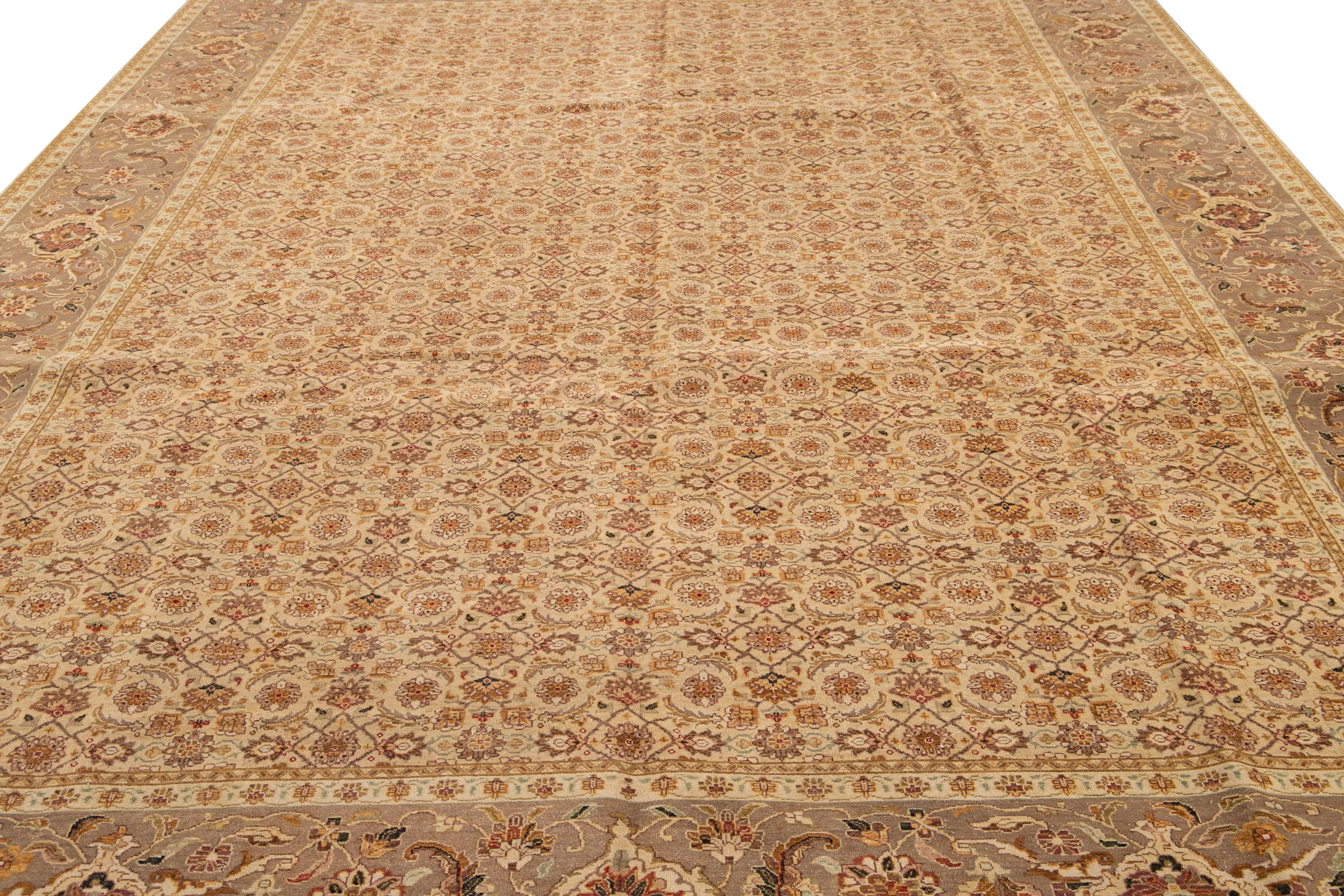 Mid-Century Modern Handmade Modern Tabriz Style Beige Wool & Silk Rug with Floral Motif For Sale