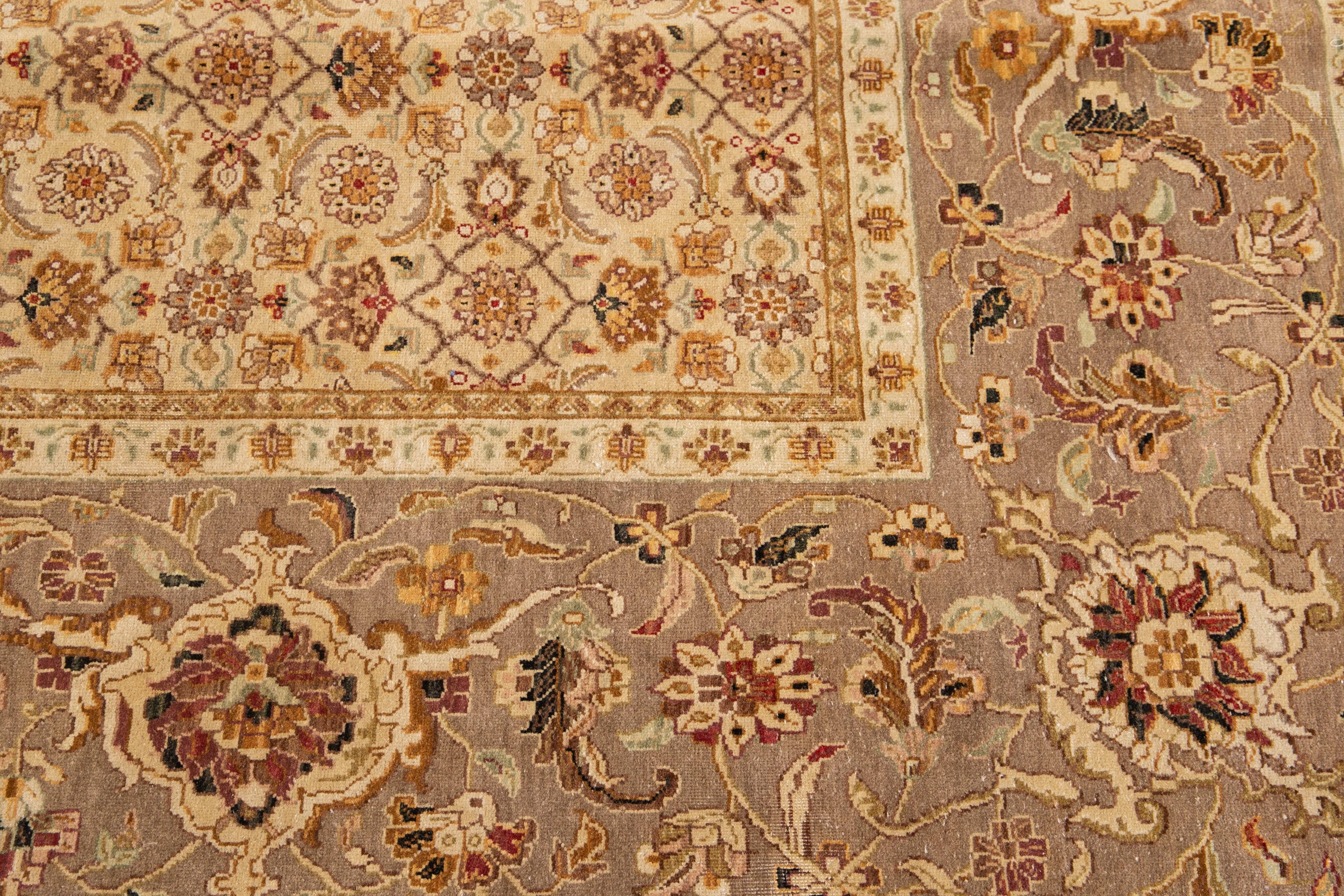 Pakistani Handmade Modern Tabriz Style Beige Wool & Silk Rug with Floral Motif For Sale
