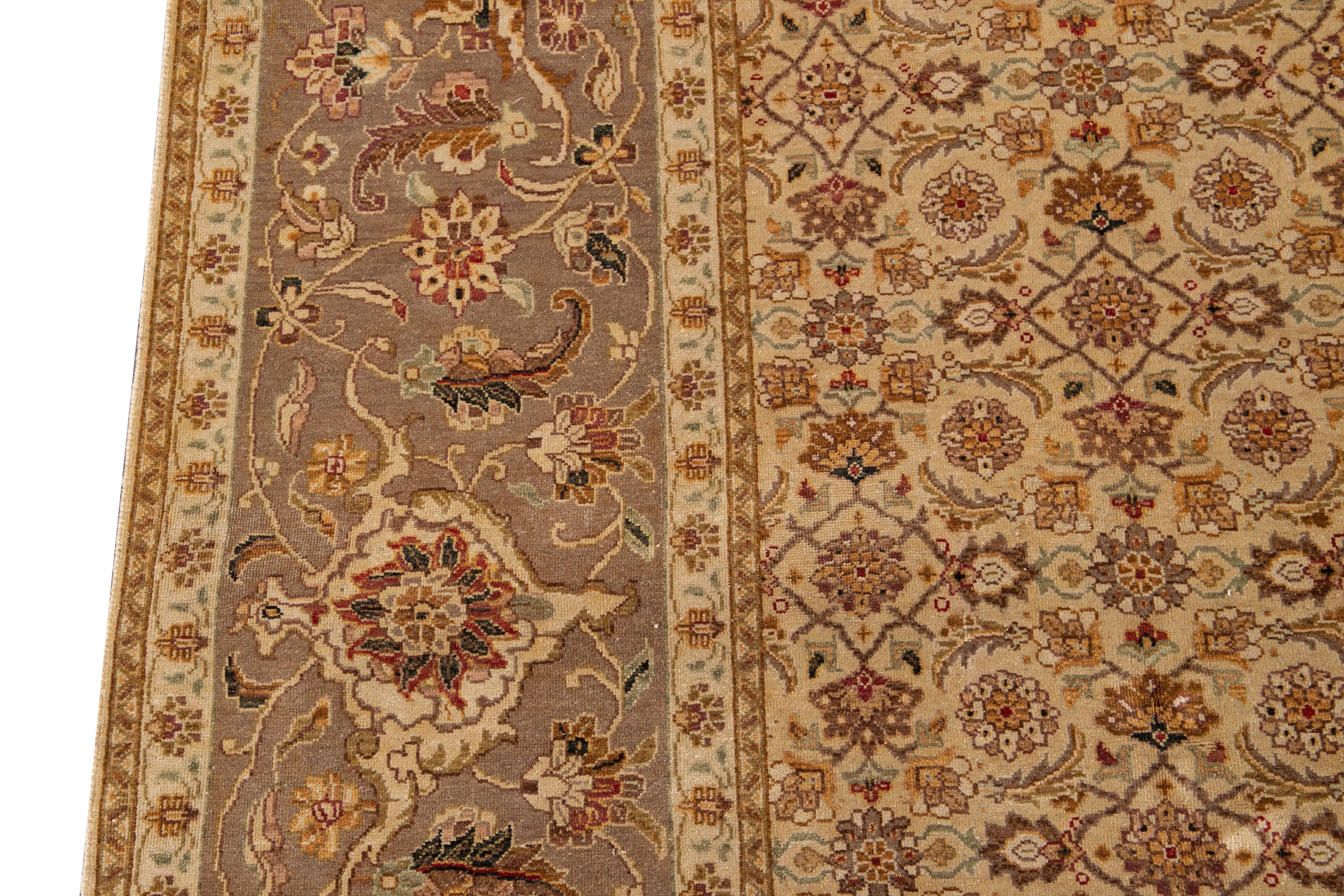 Hand-Knotted Handmade Modern Tabriz Style Beige Wool & Silk Rug with Floral Motif For Sale