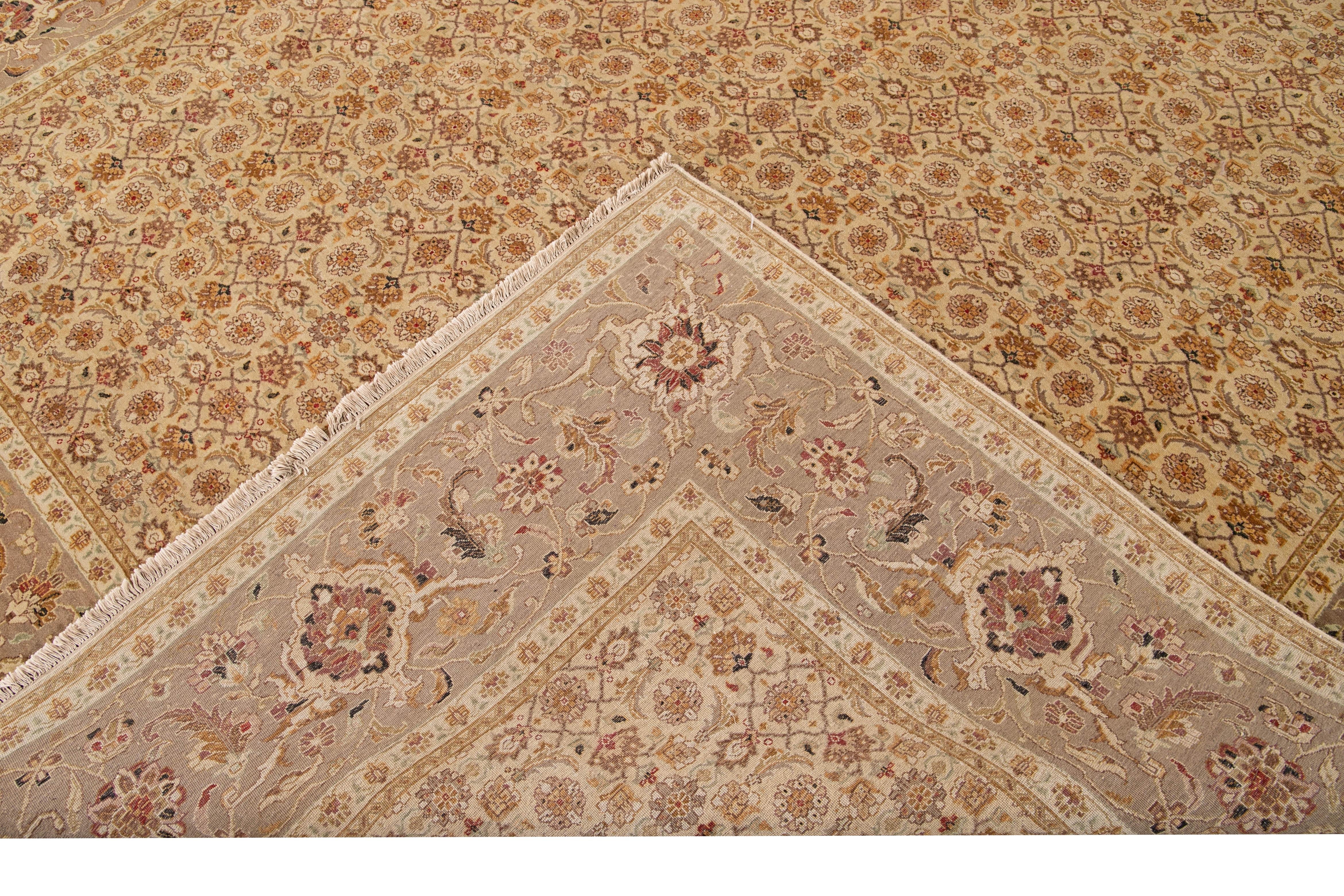 Contemporary Handmade Modern Tabriz Style Beige Wool & Silk Rug with Floral Motif For Sale